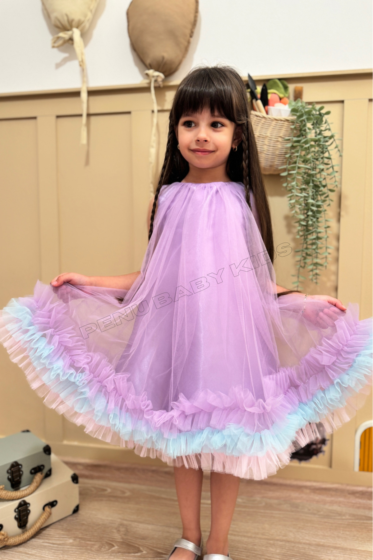 penu baby kids Lila Jile Eteği 3 Şeritli Renkli Fırfırlı Tül Altı Saten Pamuk Astarlı Kız Çocuk Kız Bebek Elbise fotoğrafı 7 (önizleme)