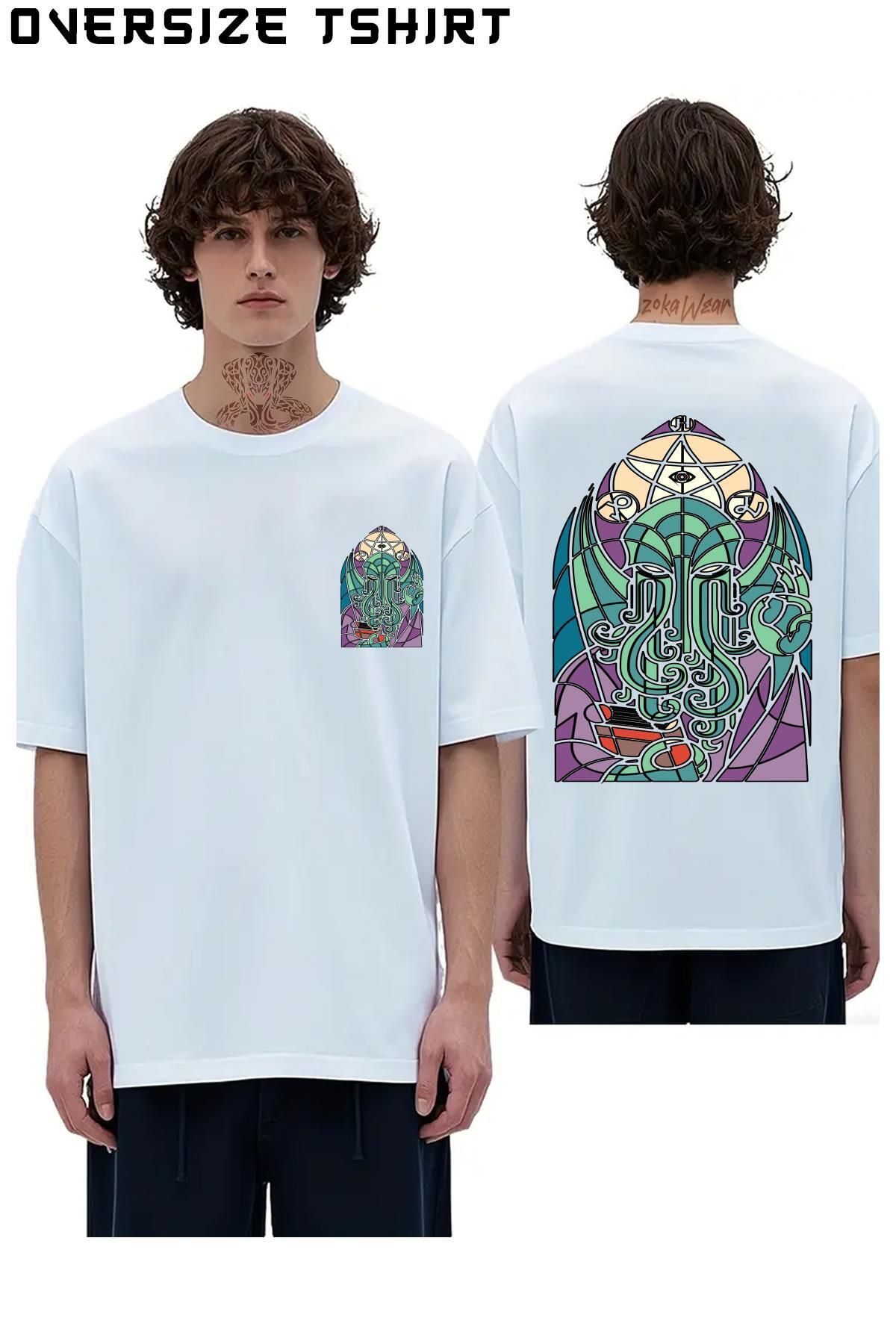 ZOKAWEAR Cthulhu-Church-Stained-Glass-Cosmic-Horror Sırt Baskılı Oversize Tişört