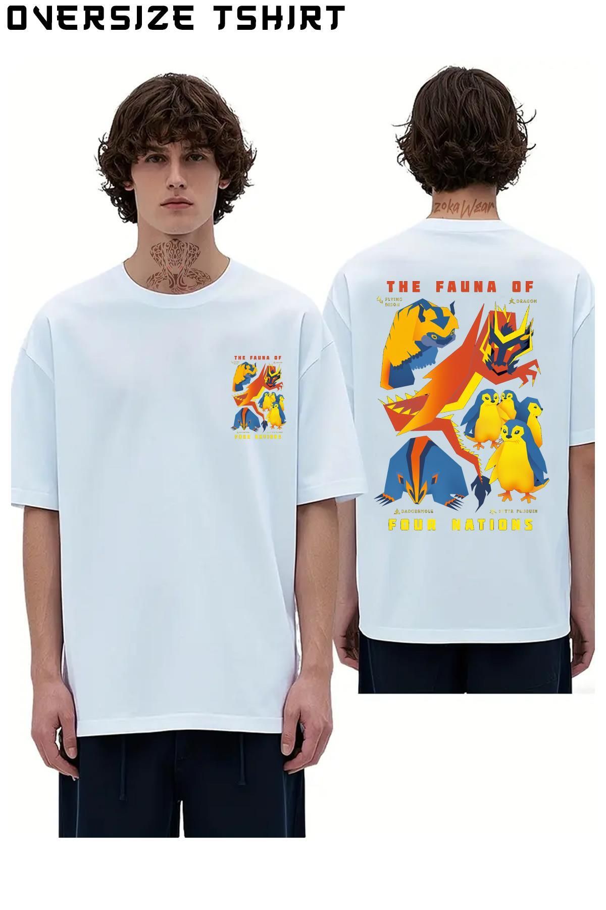 ZOKAWEAR Avatar-The-Last-Airbender-The-Fauna-Of-Four-Nations Sırt Baskılı Oversize Tişört