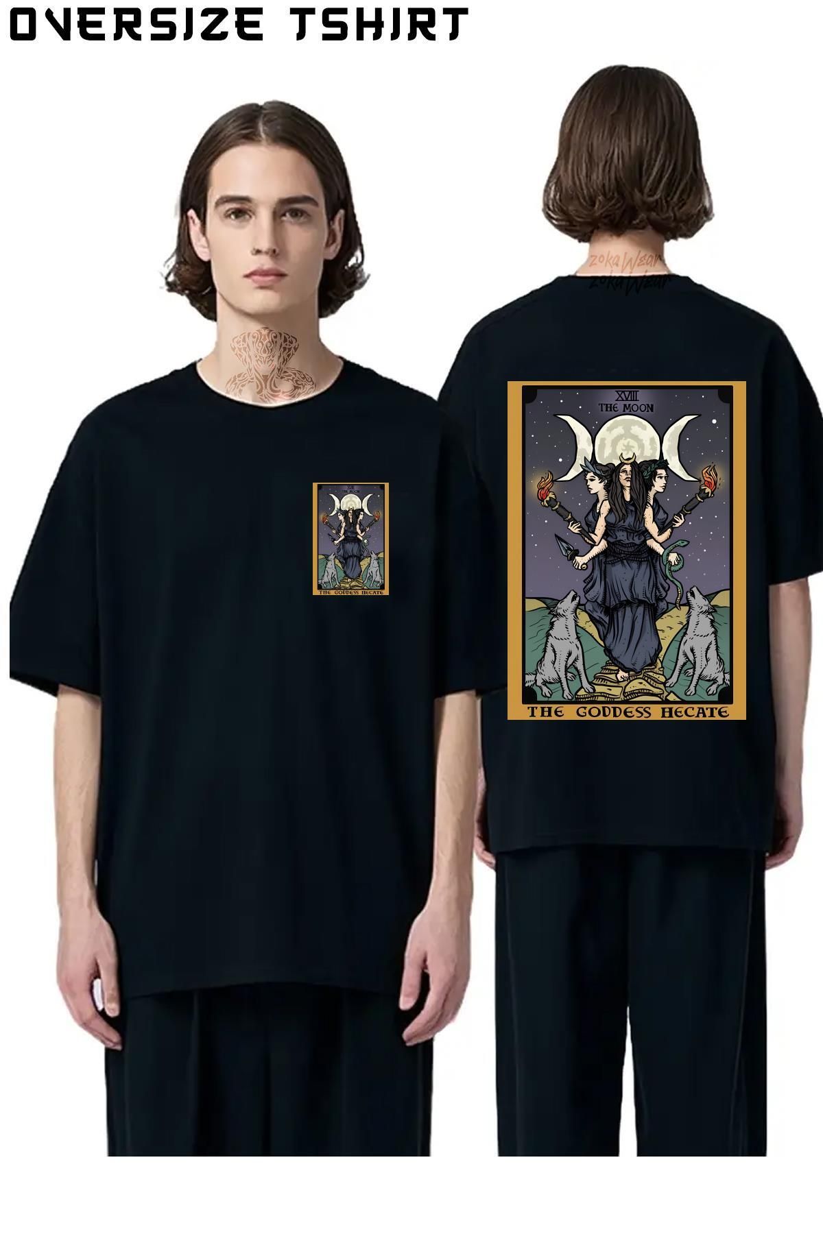 ZOKAWEAR Hecate-Triple-Moon-Goddess Sırt Baskılı Oversize Tişört
