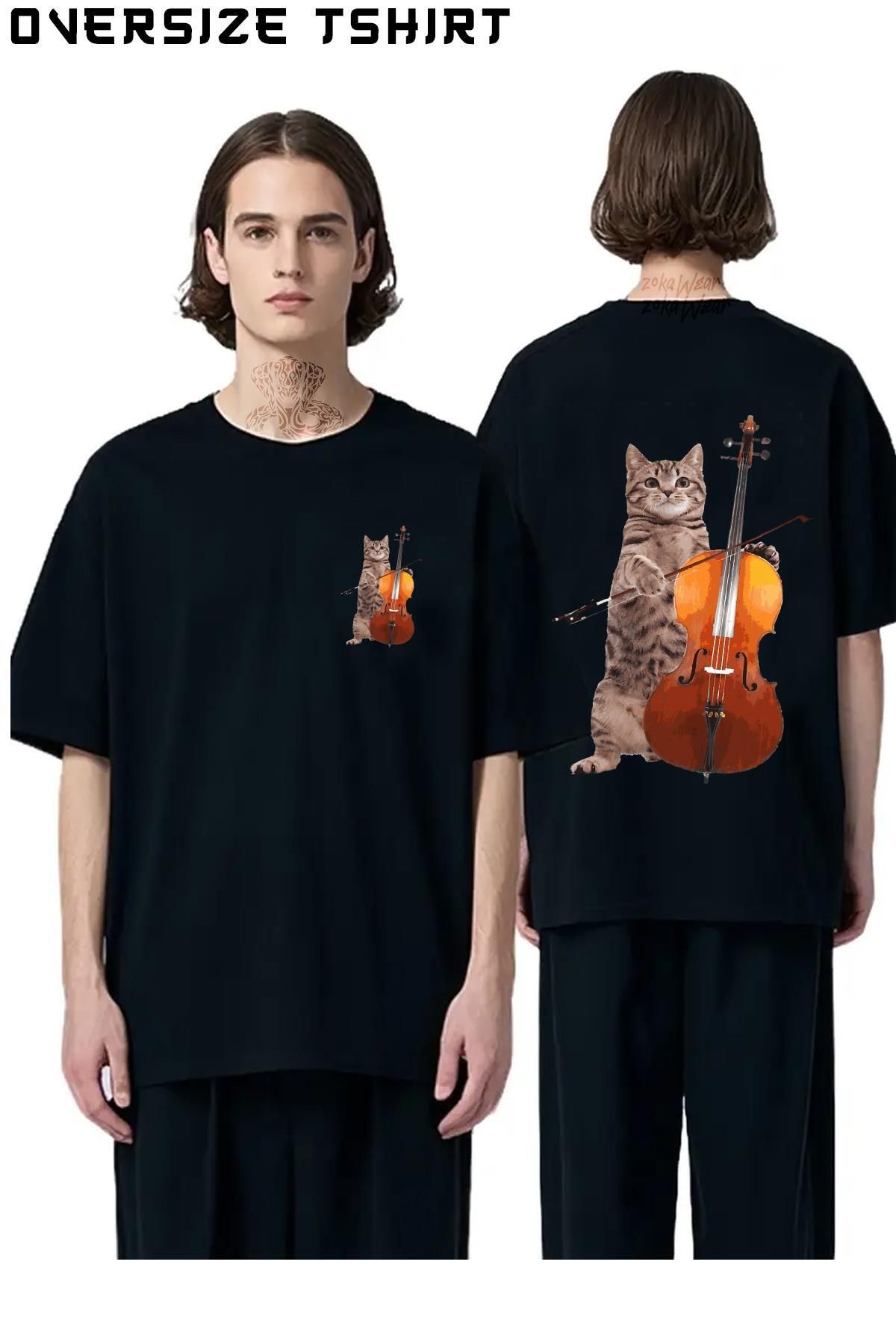 ZOKAWEAR Cello-Cat-Meowsicians Sırt Baskılı Oversize Tişört