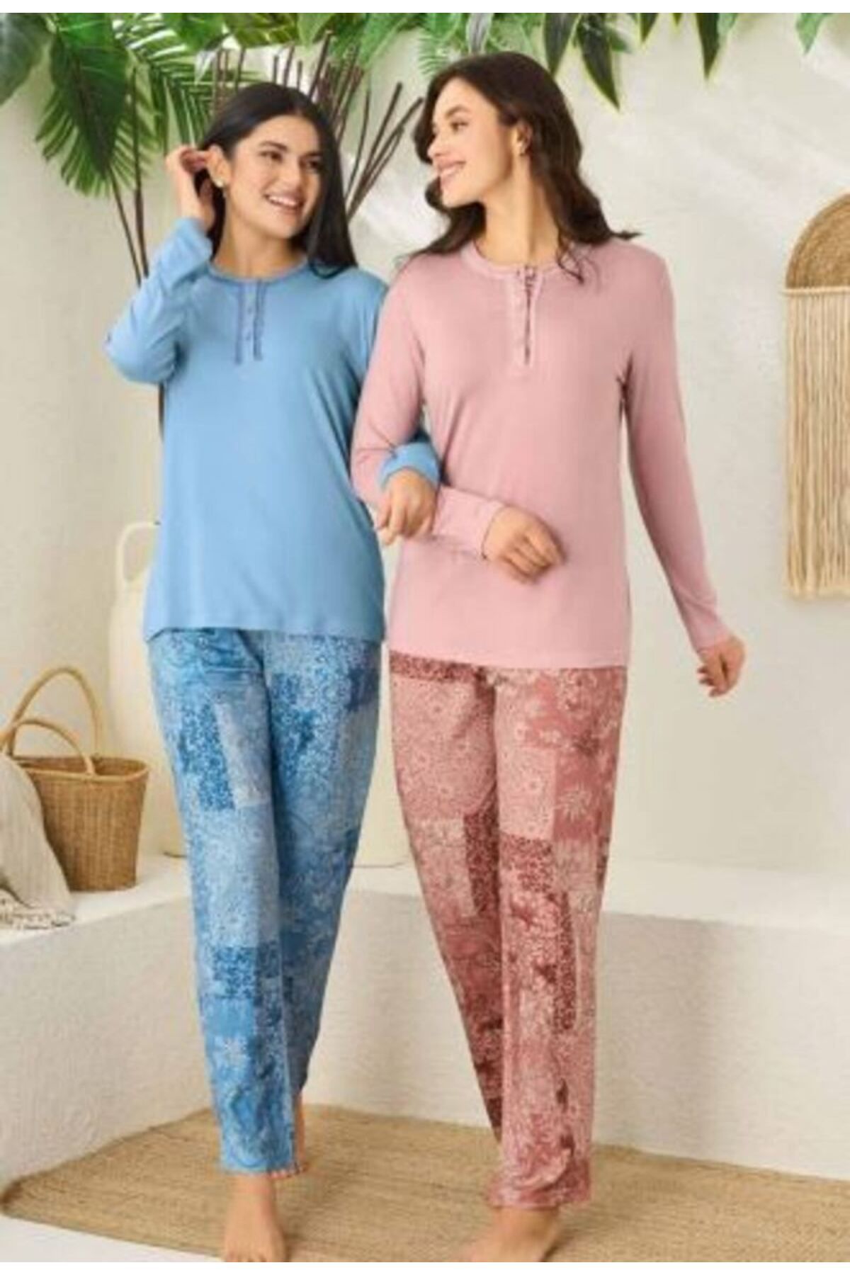 Rozalinda Yazlık Pijama Takımı Bambu Kumaş Uzun Kollu Battal Boy