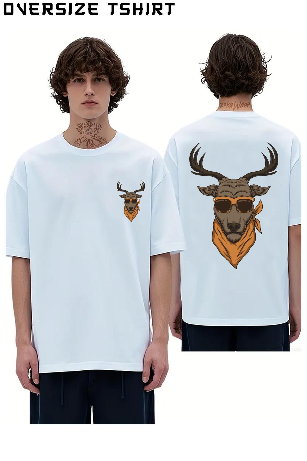 ZOKAWEAR Gözlüklü-Geyik-Doğa Sırt Baskılı Oversize Tişört