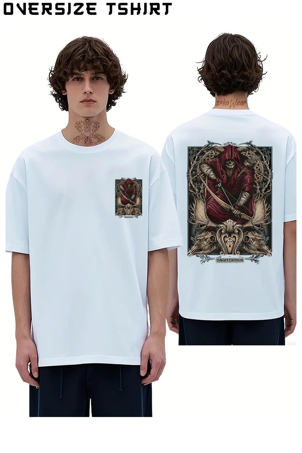 ZOKAWEAR Yay-Burcu-Sagittarius-Astoloji-Gotik-Burç Sırt Baskılı Oversize Tişört