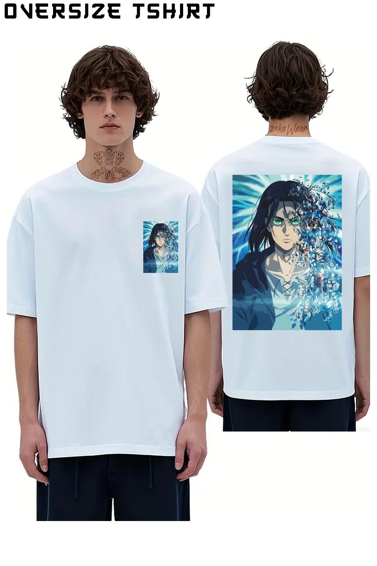 ZOKAWEAR Attack-On-Titan-Eren-Yeaeger-Titan-Dönüşümü-Anime-Karakter Sırt Baskılı Oversize Tişört