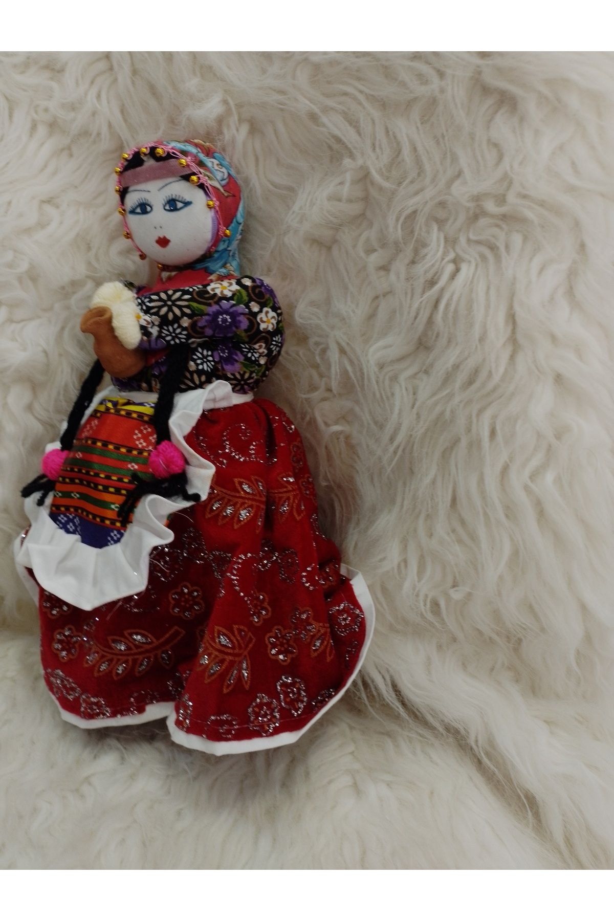 ŞAHMERDANOĞLU 30x30 Cm El Yapımı Büyük Boy Kapadokya Soğanlı Bebeği, Testi Taşıyan Desenli 8