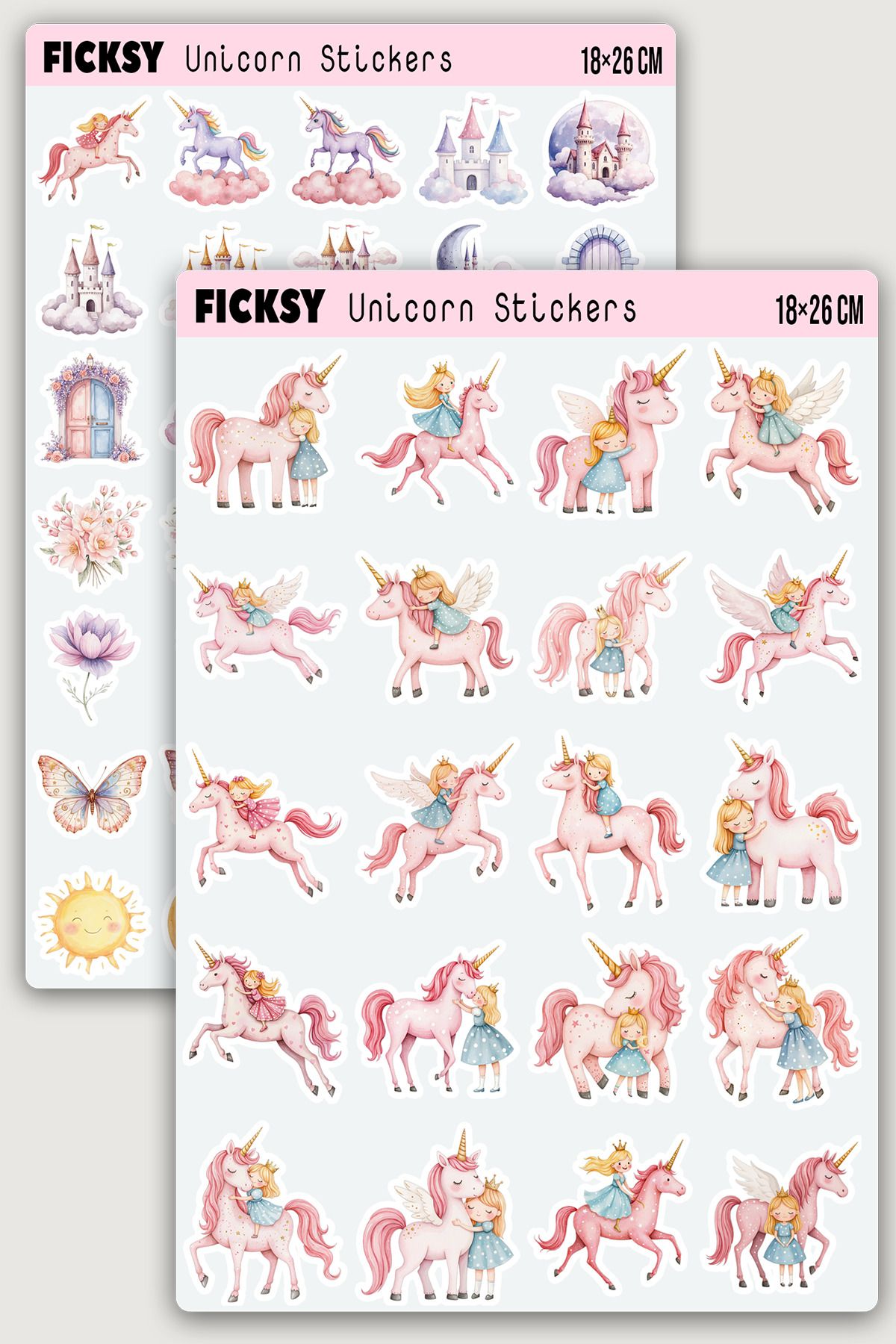 Ficksy Sevimli Pastel Unicorn Sticker Seti - Prenses Sticker - Tek Boynuzlu At - 55 Adet Etiket Çıkartma