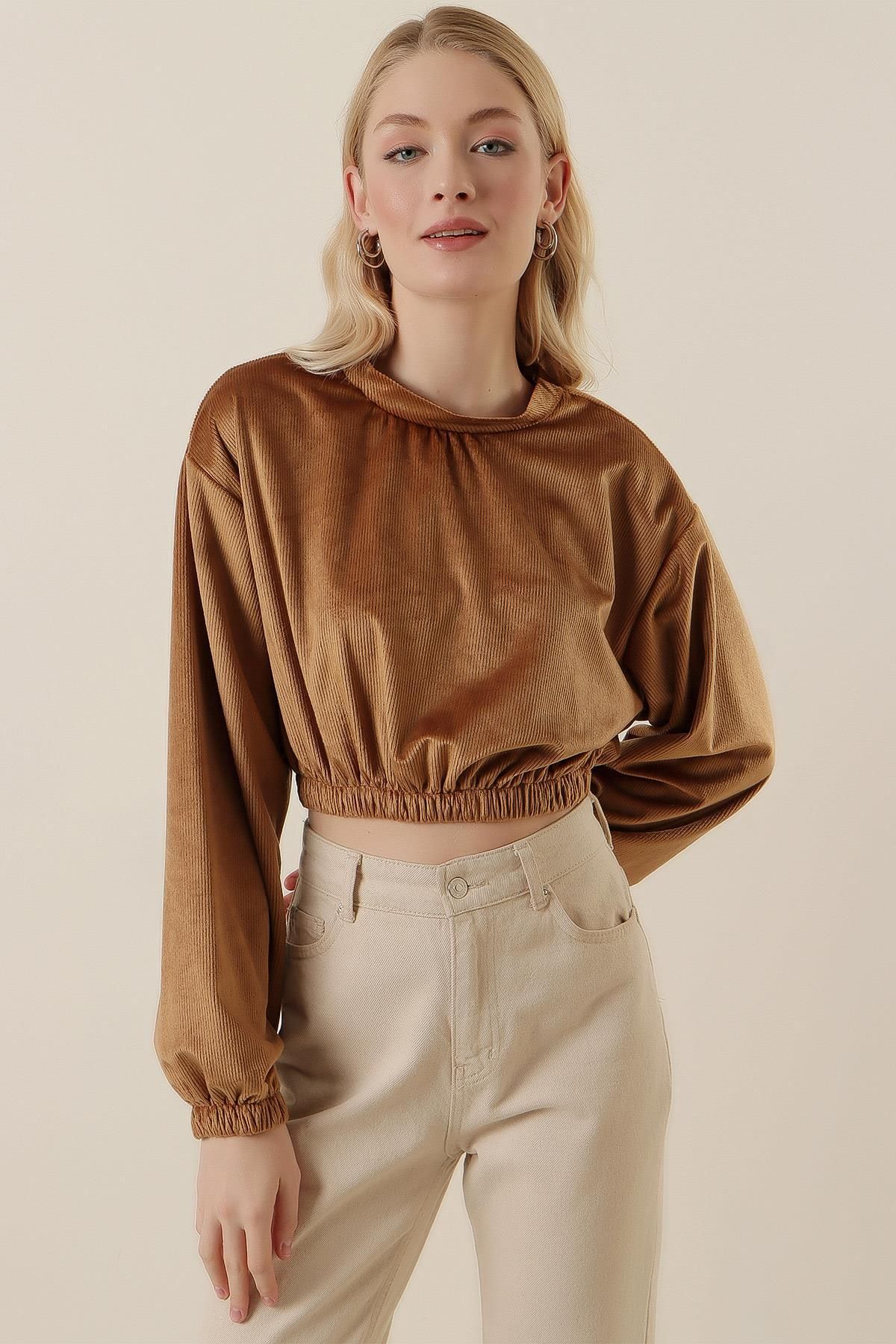 MODAMAİSA Kadife Crop Bluz - Bisküvi