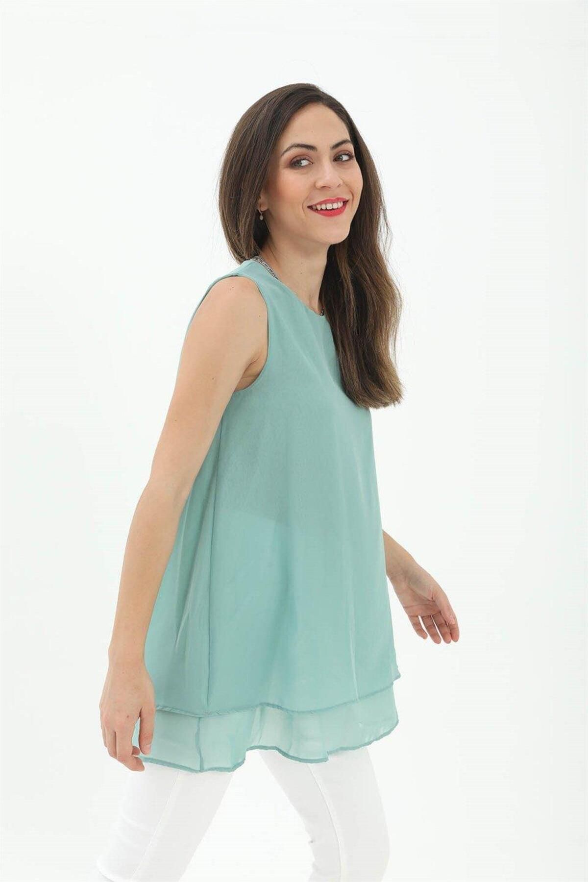 LLOHA Uzun Şifon Kolsuz Bluz - Mint Yeşili