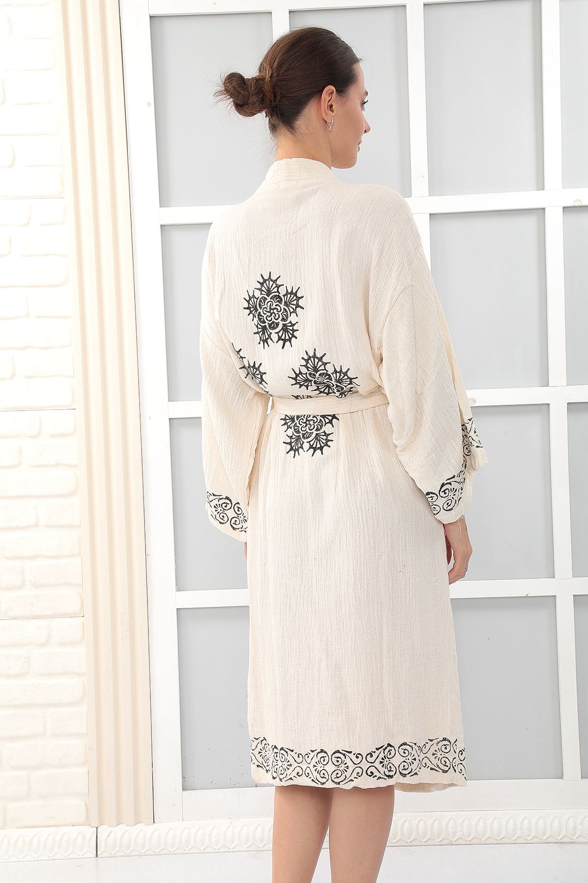Almir Home %100 Pamuklu Müslin Kimono Yeni Nesil Bornoz Kaftan Sabahlık - El Baskılı