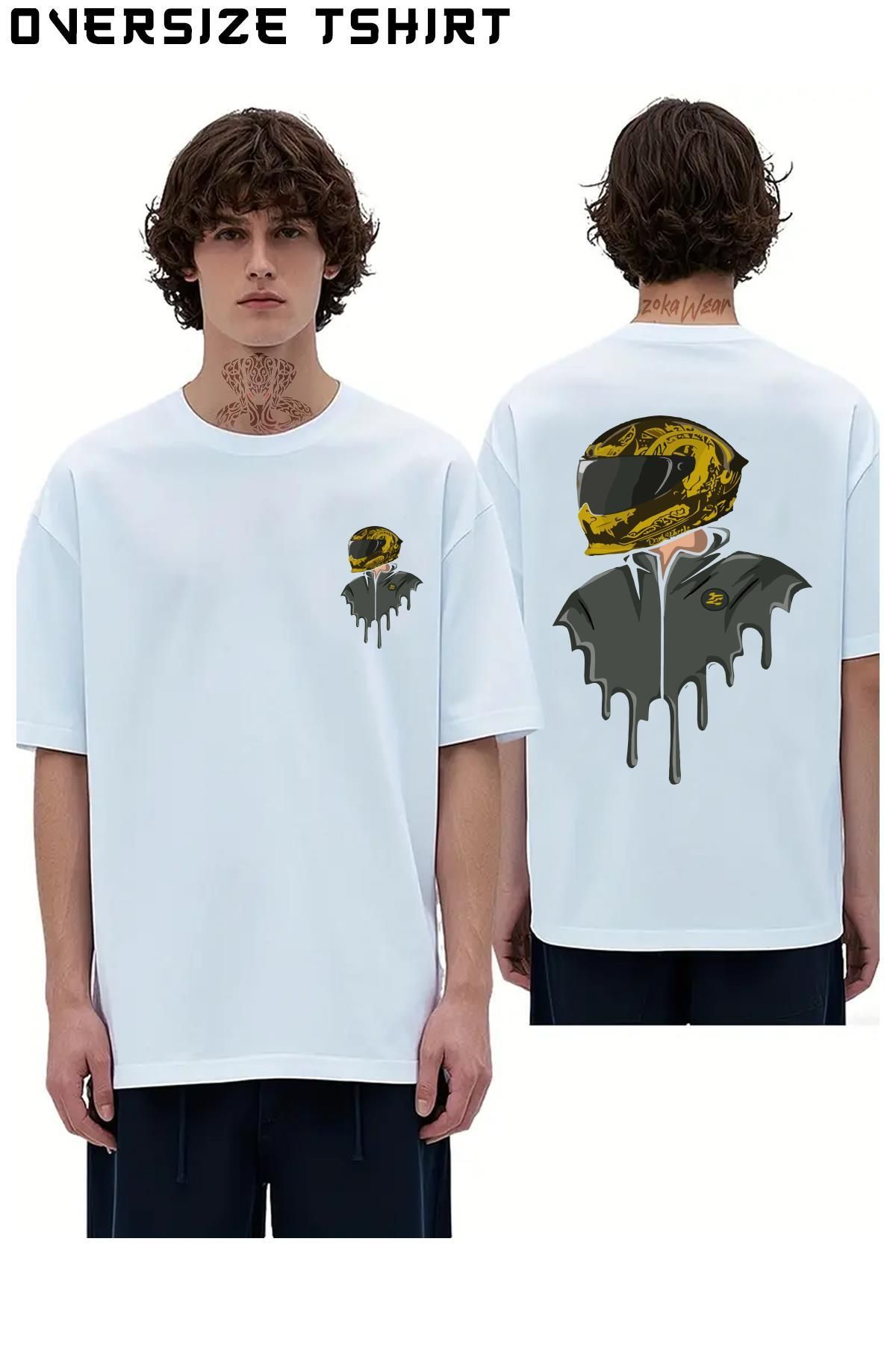 ZOKAWEAR Motorcu-Kask Sırt Baskılı Oversize Tişört