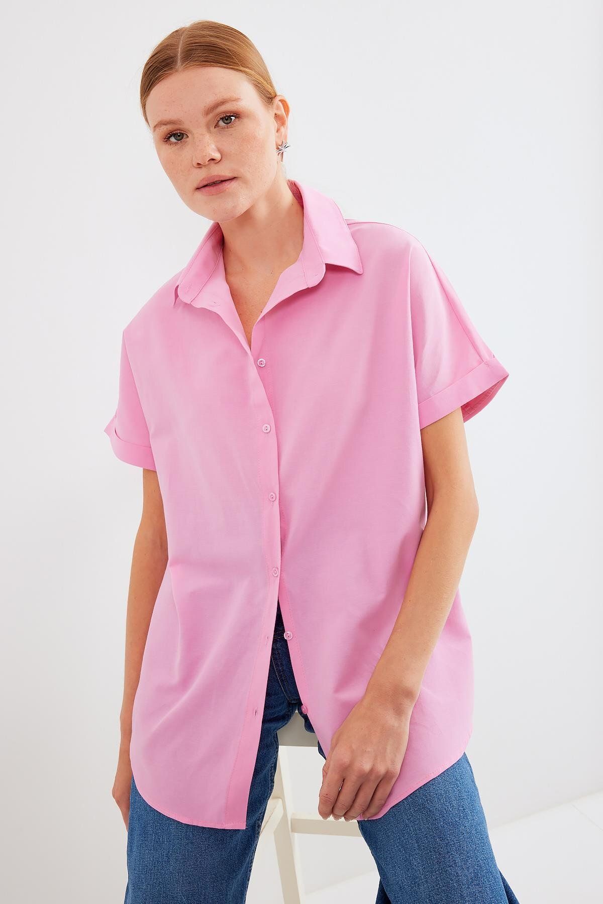 MODAMAİSA Oversize Kısa Kollu Gömlek - Pembe