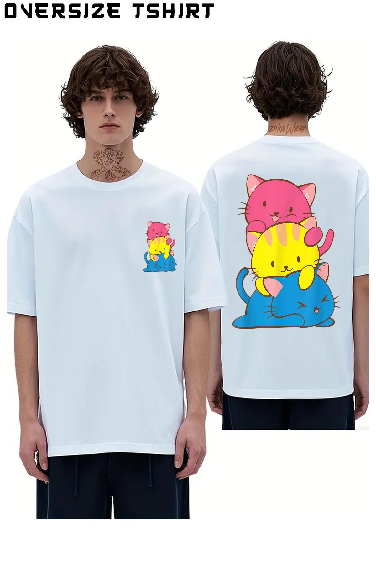 ZOKAWEAR Pansexual-Kawaii-Cat Sırt Baskılı Oversize Tişört
