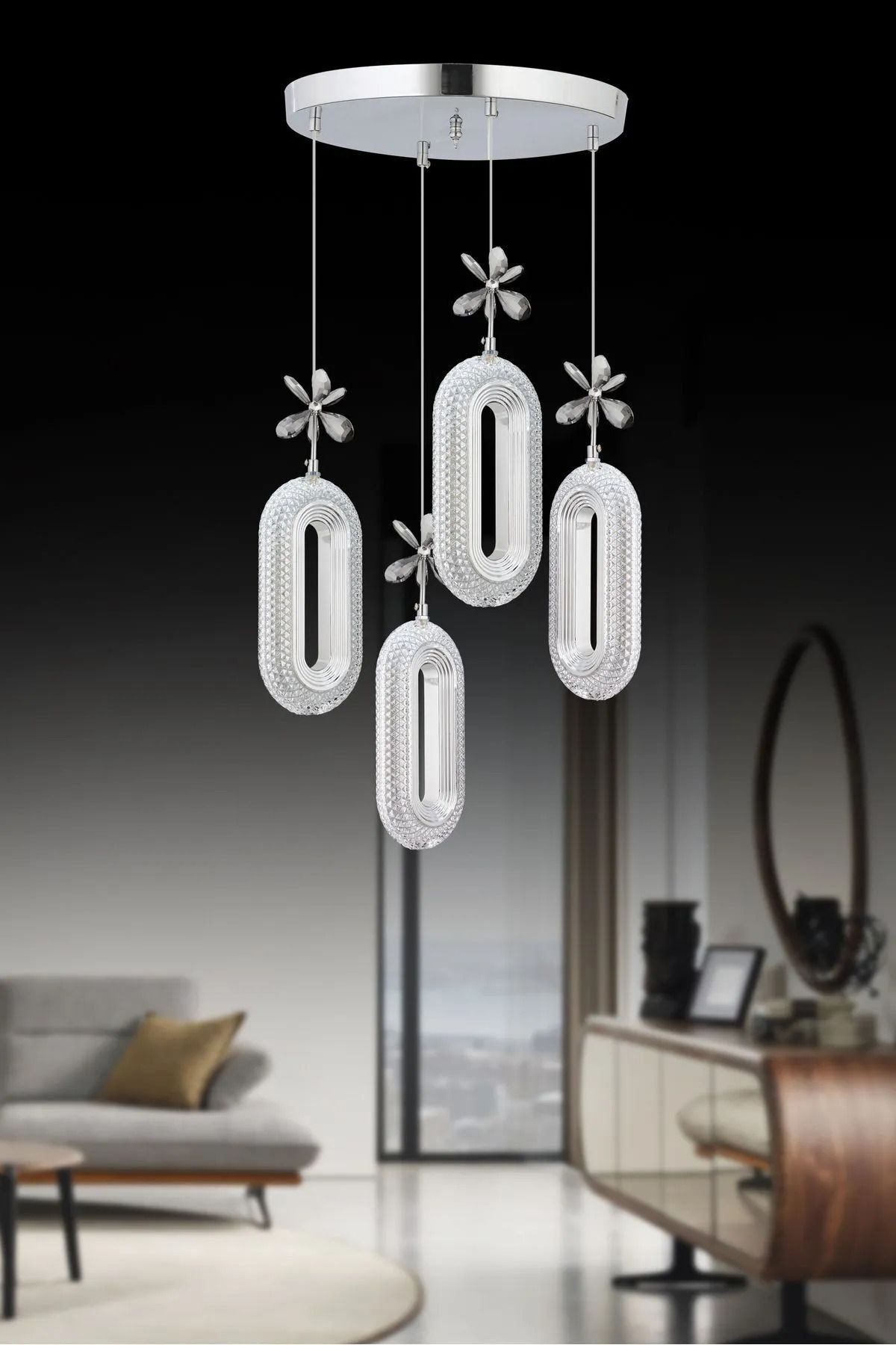Roque Alfa 4'lü Gümüş 3 Renk Ledli Kristal Taşlı Modern Led Avize