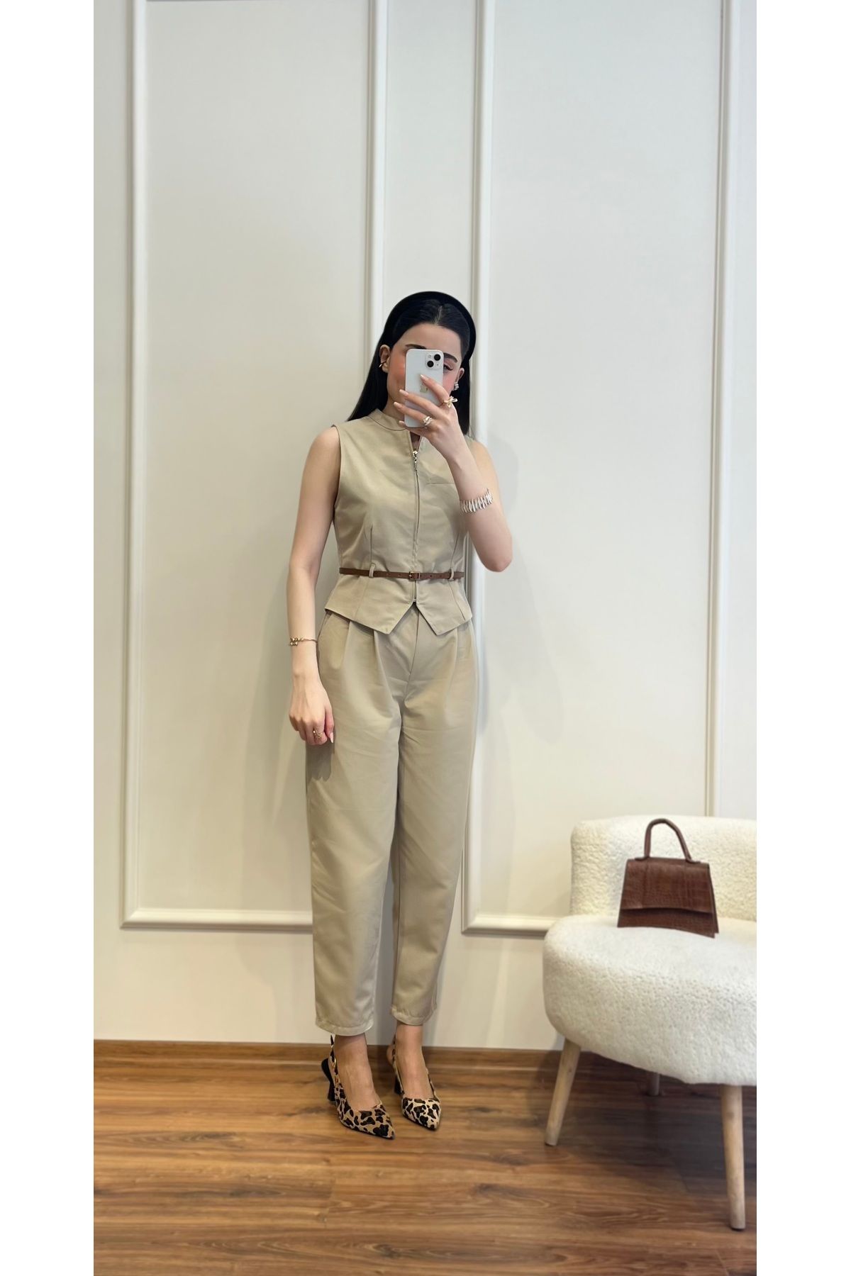 Zims Butik Kemerli Yelek Pantolon Takım Taş
