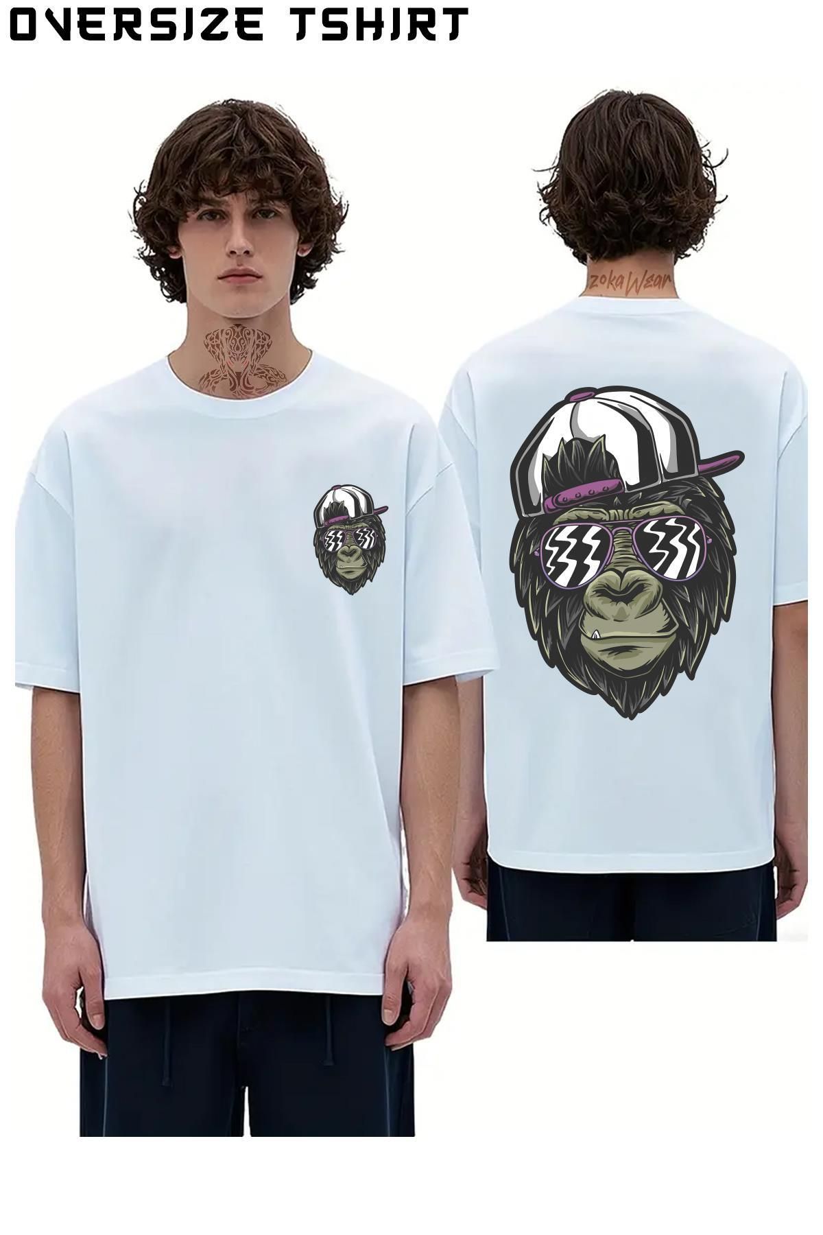 ZOKAWEAR Gözlüklü-Şapkalı-Maymun Sırt Baskılı Oversize Tişört