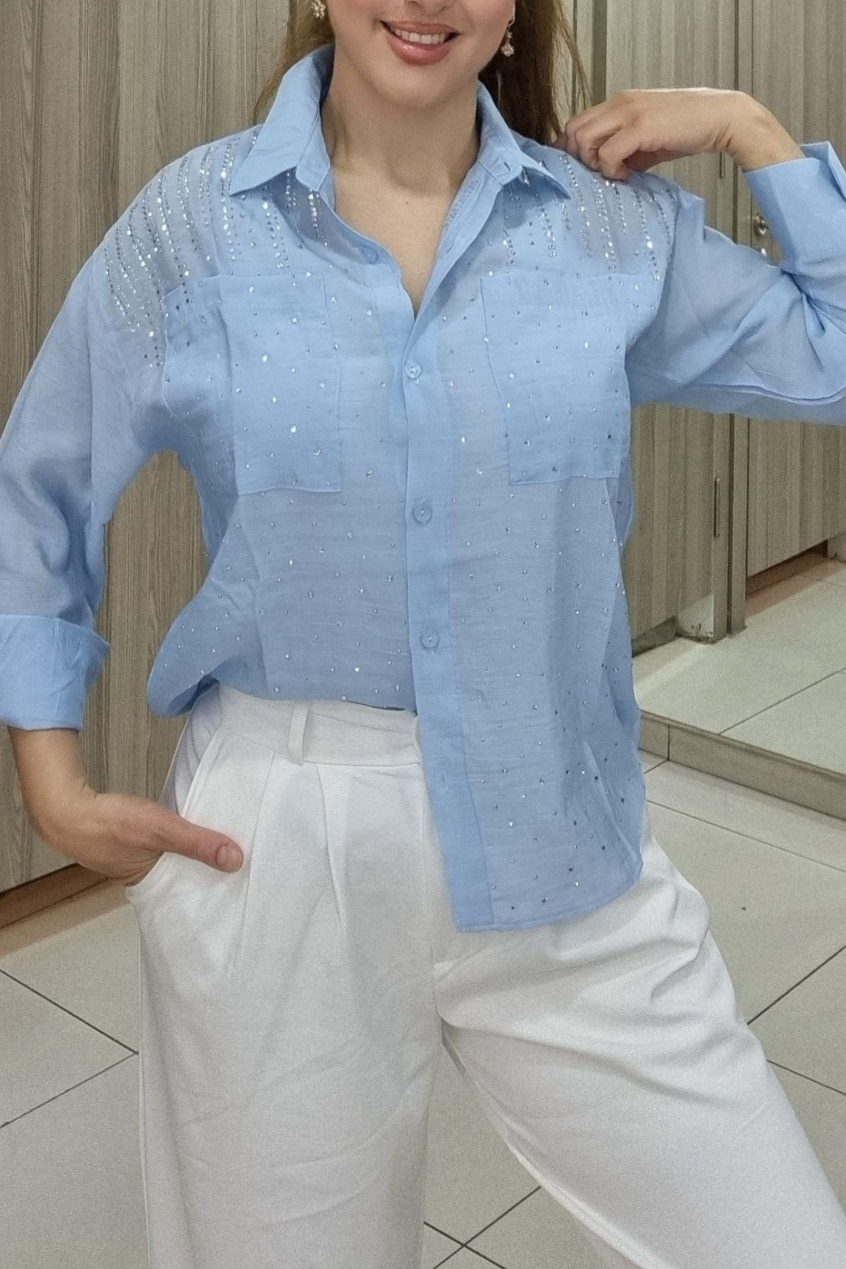 Maya Butik Taşlı Modal Kumaş Gömlek - 4339