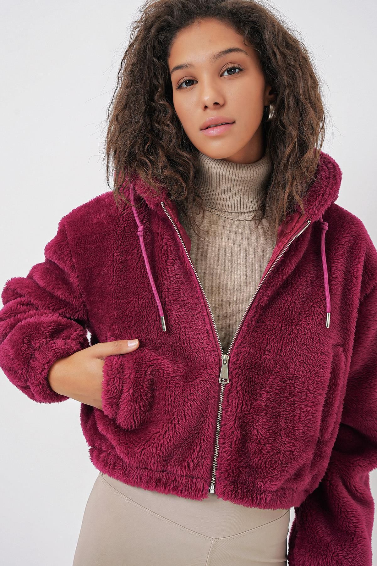 MODAMAİSA Kapüşonlu Peluş Crop Ceket - Mürdüm