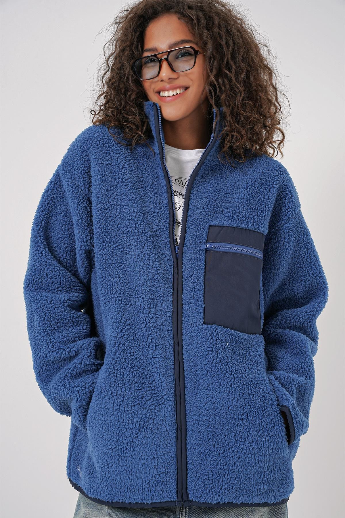 MODAMAİSA Kadın Fermuarlı Oversize Peluş Ceket - Saks