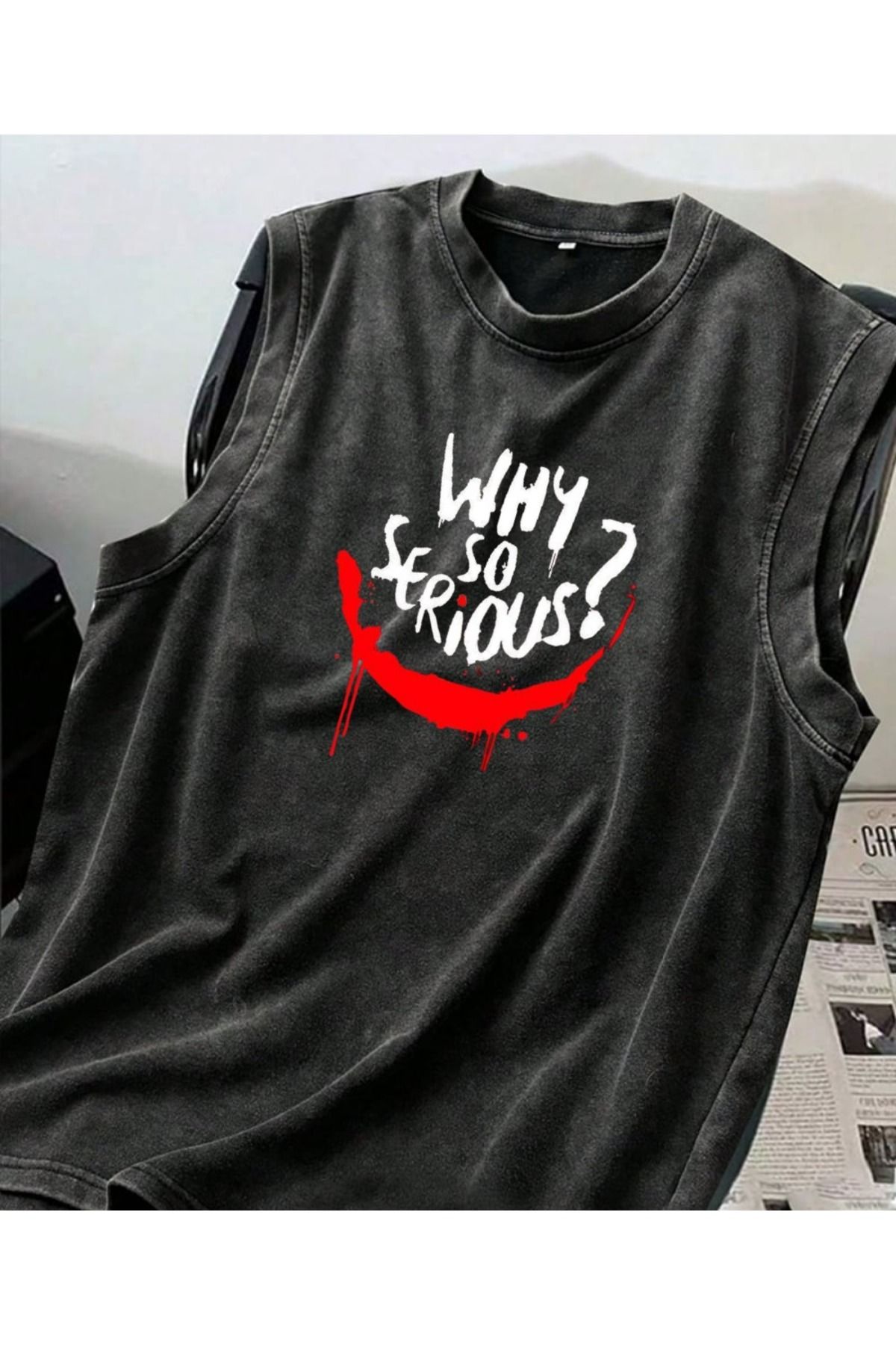 Touz Moda Why So Serious Kolsuz Atlet Bisiklet Yaka Yıkamalı Vintage Unisex Oversize T-Shirt