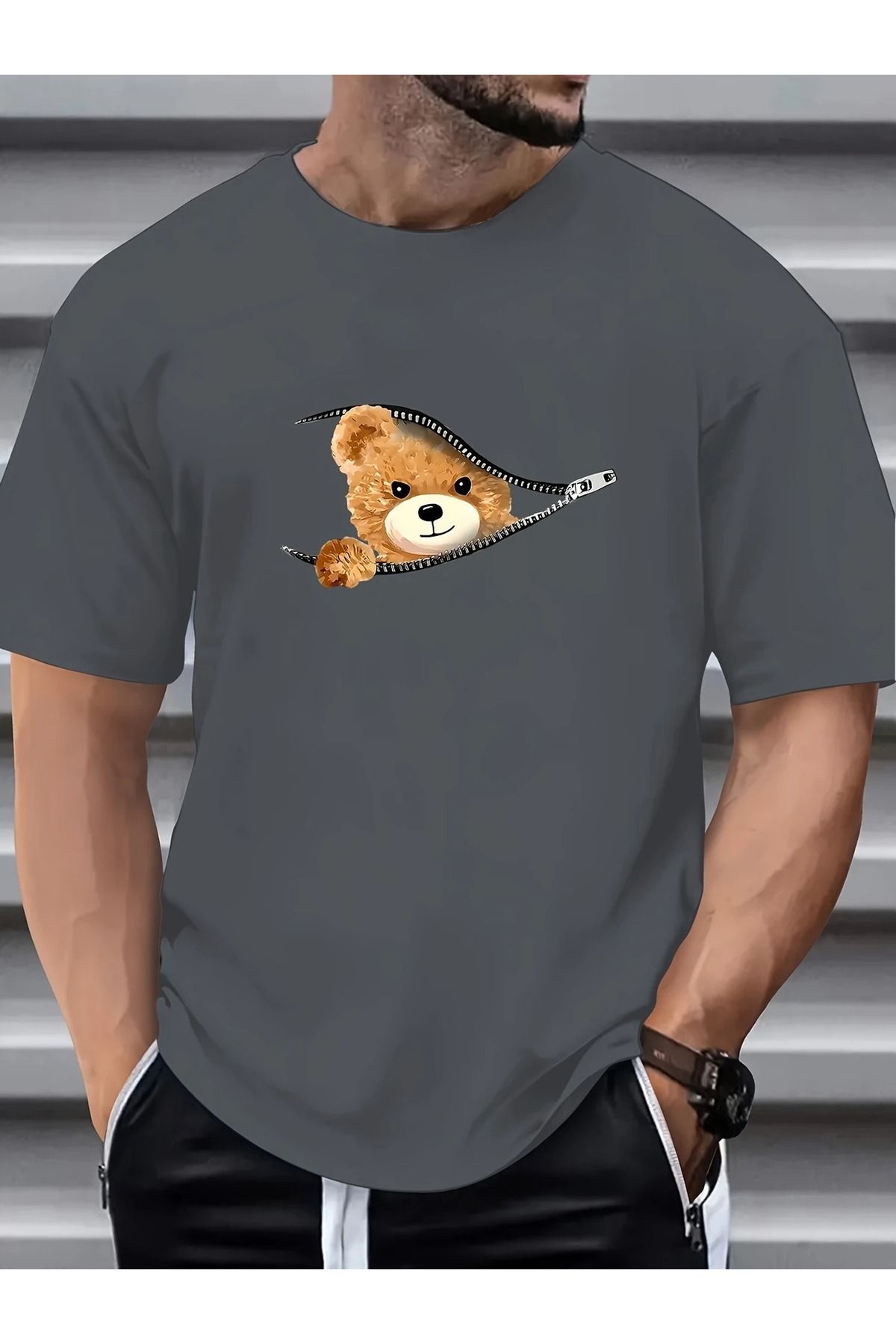 WOODROFFE Erkek Fermuarlı Ayı Grafik Baskılı T-shirt Oversize Salaş Boyfirend