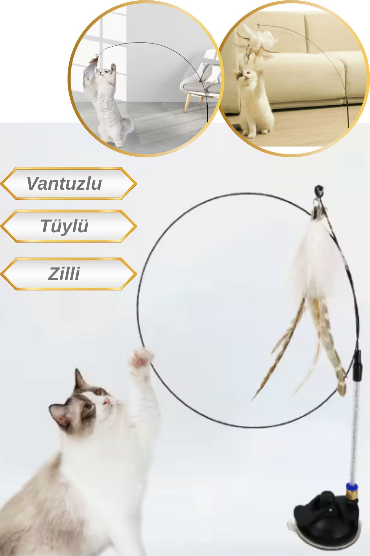 Hane Dostu Vantuzlu Tasarım Eğlenceli Tüylü ve Zilli Kedi Oyuncağı