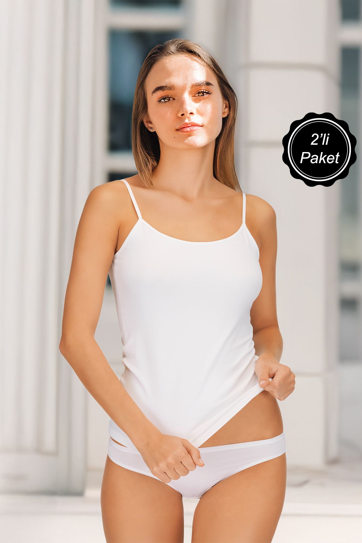Tequeen Kadın 2'li Paket ince Askılı Body Likralı Pamuklu Atlet Set Beyaz 2XL