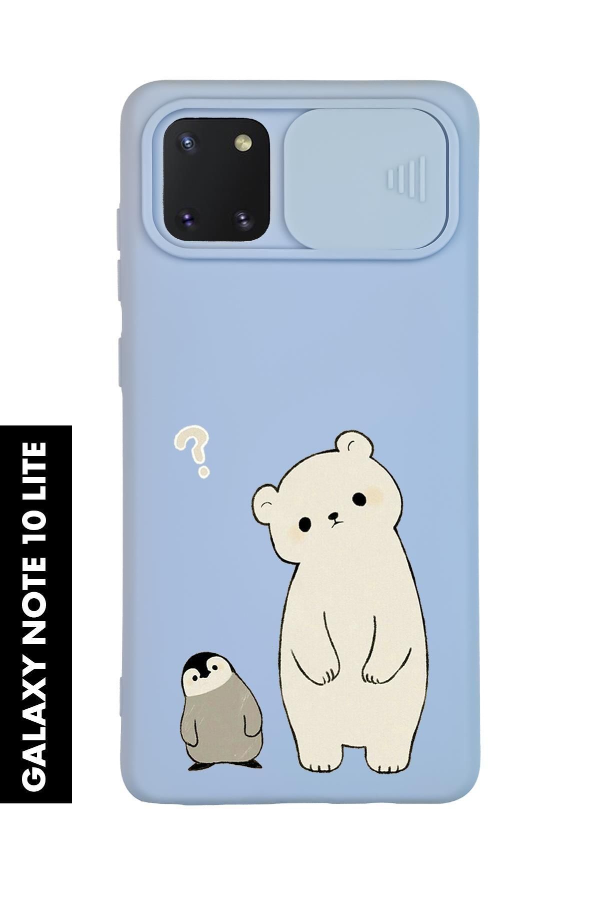mooodcase Samsung Note 10 Lite Uyumlu Penguen ve Ayıcık Desenli Slider Kamera Korumalı Telefon Kılıfı
