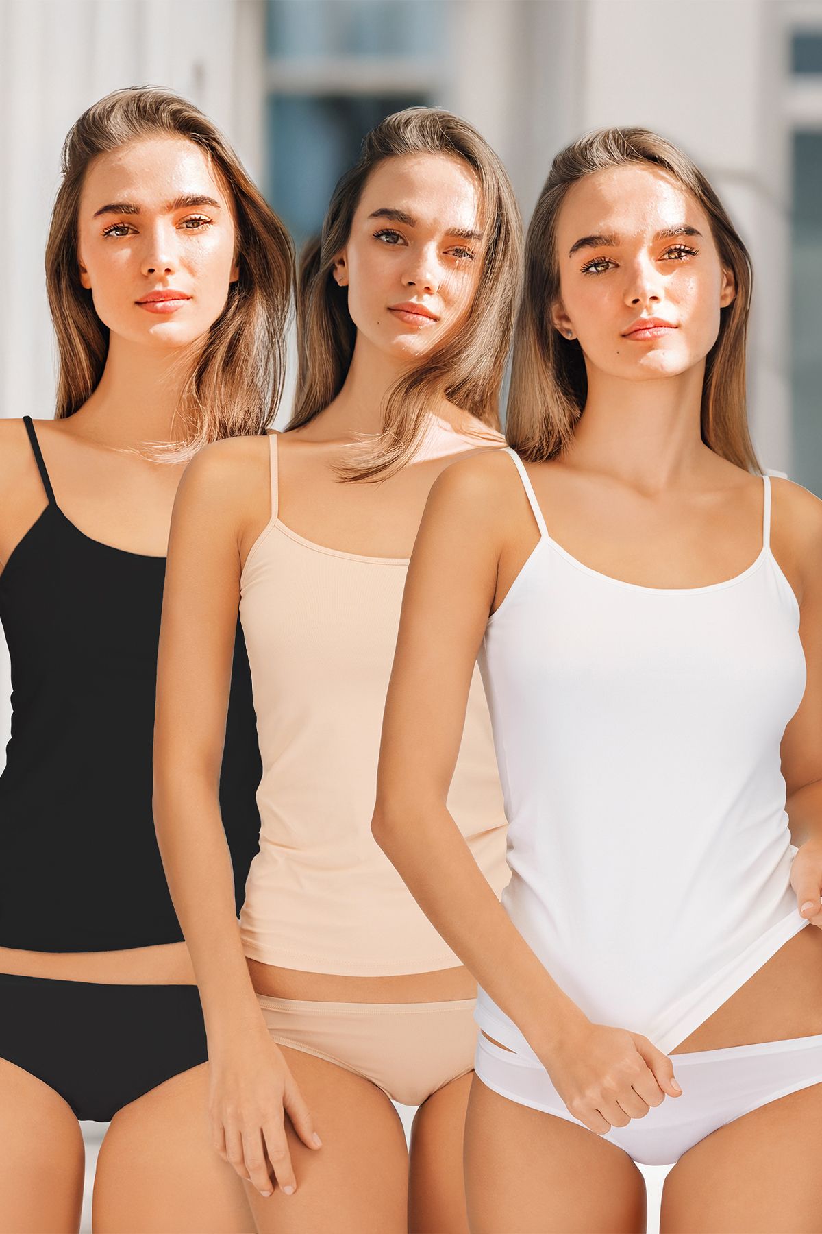 Tequeen Kadın 3'lü Paket ince Askılı Body Likralı Pamuklu Atlet Set Siyah Beyaz Ten Rengi S
