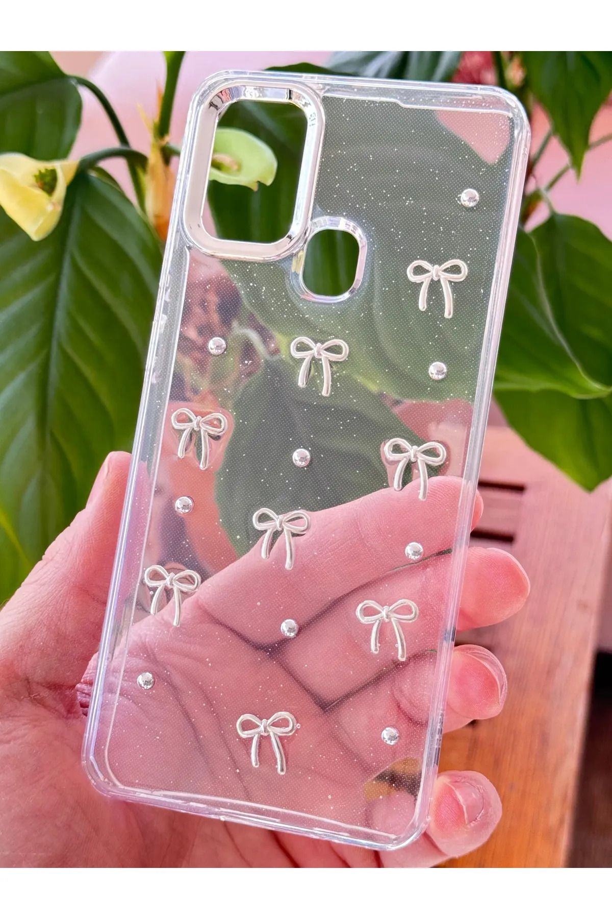 CPSTORE Samsung Galaxy A21S Kılıf Fiyonk Desenli Şeffaf Simli Gümüş Kamera Çıkıntılı Parlak Kapak