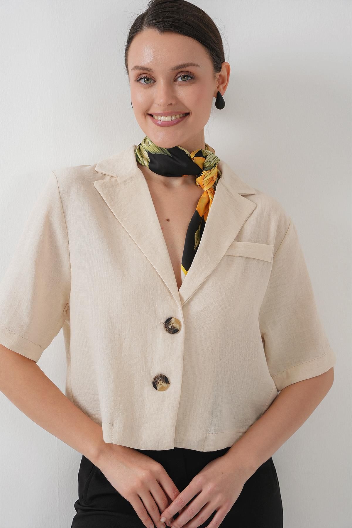 MODAMAİSA Crop Keten Ceket - M. Krem