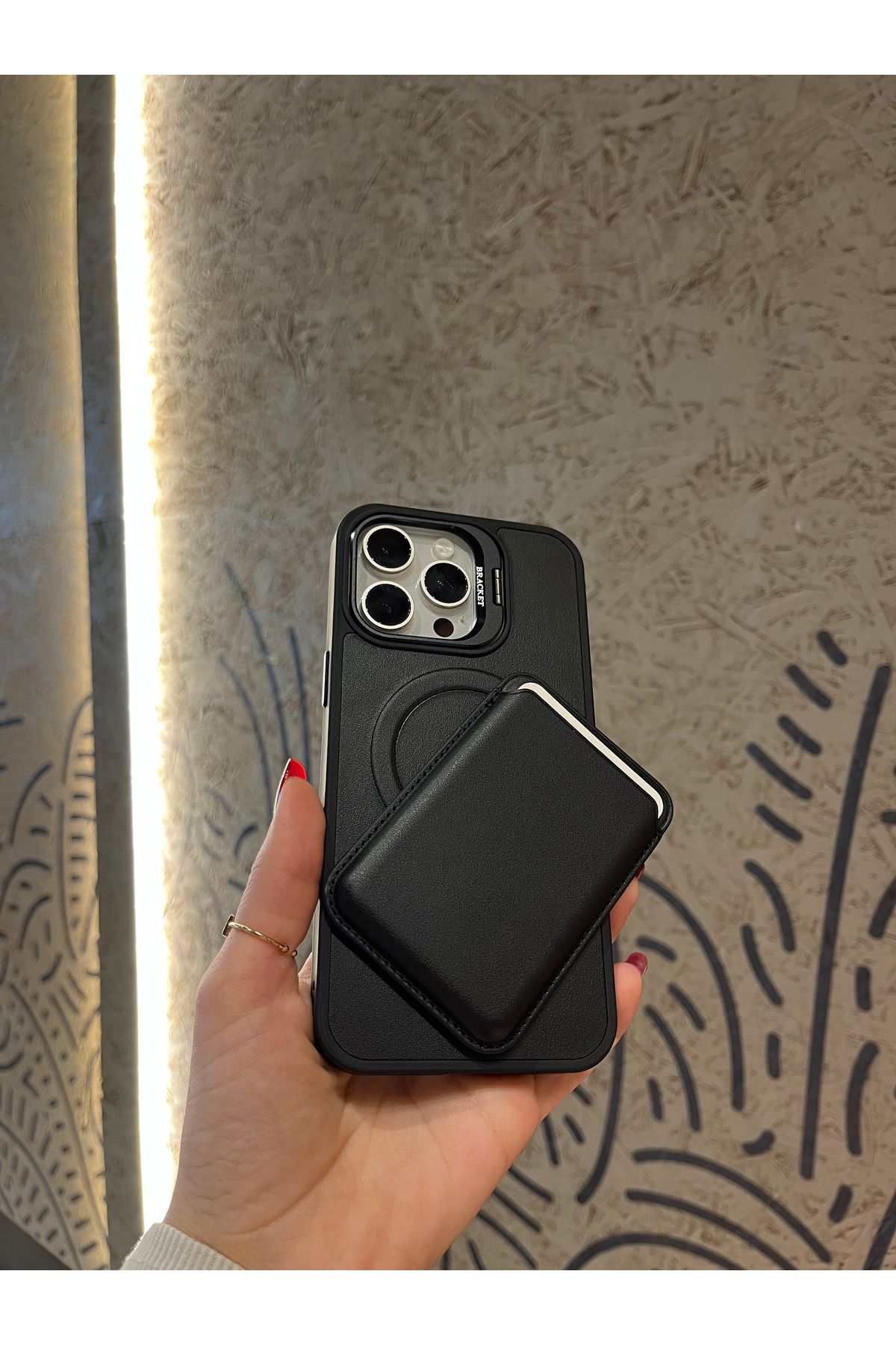 Mois Case İPhone 14 pro Max Premium Titanyum deri Magsafe Cüzdanlı kartlıklı kamera çerçeve Standlı kılıf