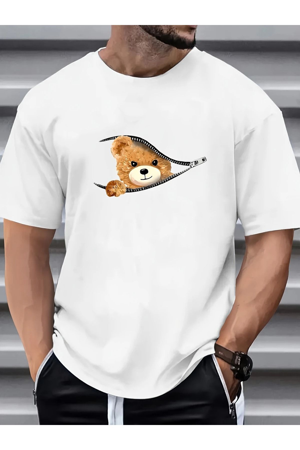 WOODROFFE Erkek Fermuarlı Ayı Grafik Baskılı T-shirt Oversize Salaş Boyfirend
