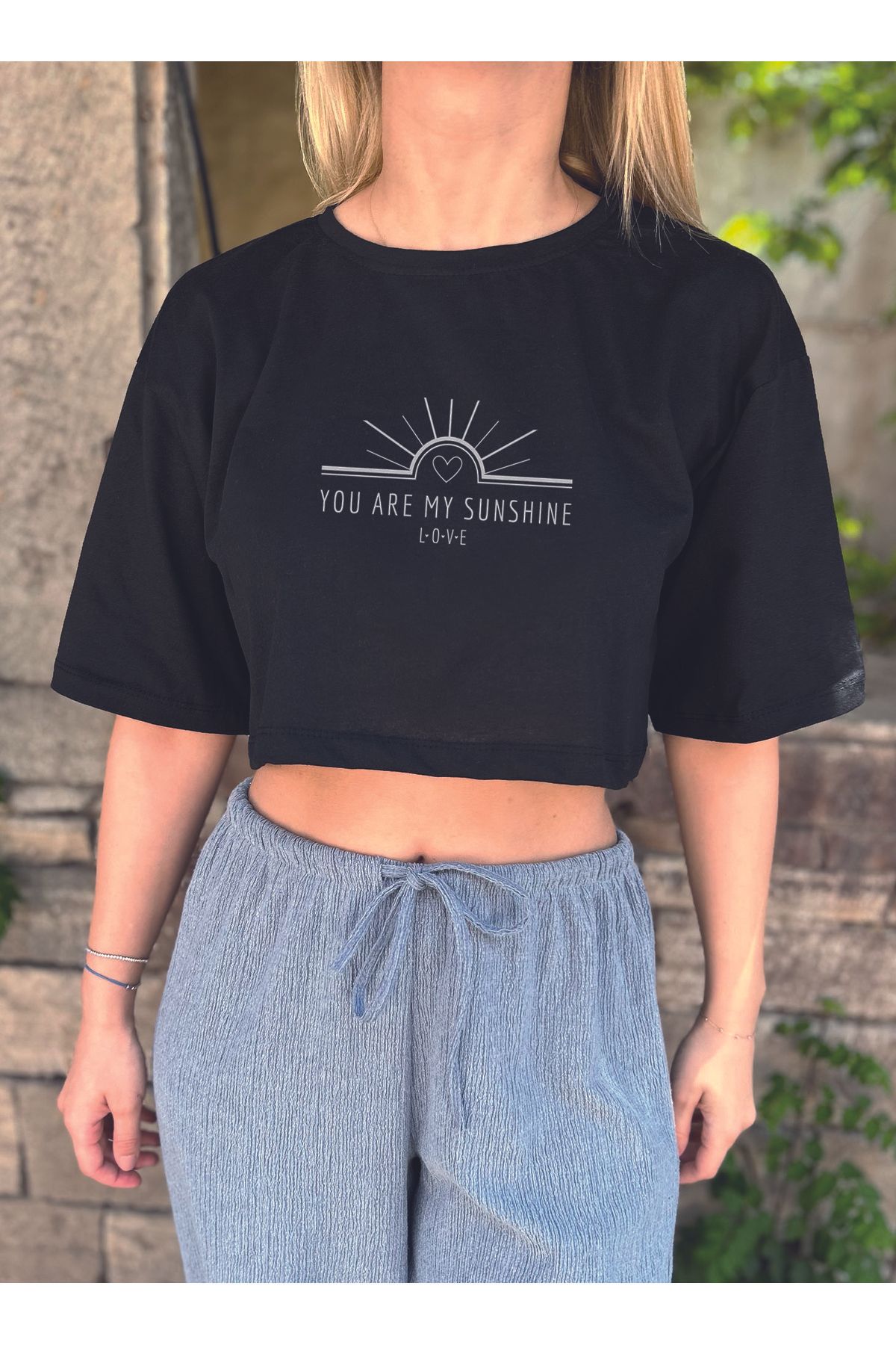 ClubSpaceAstro Kadın Oversize Crop Tişört – “You Are My Sunshine” Baskılı |Terletmeyen Kumaş