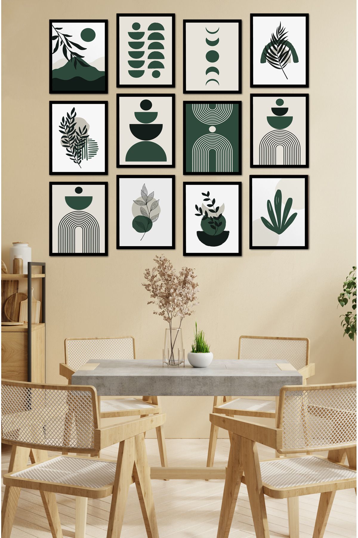 kutuTR Dekorize Mdf Tablo Seti 12 Parça - Yeşil Boho Salon Oturma Odası İçin Duvar Dekoru Çerçeve Görünümlü