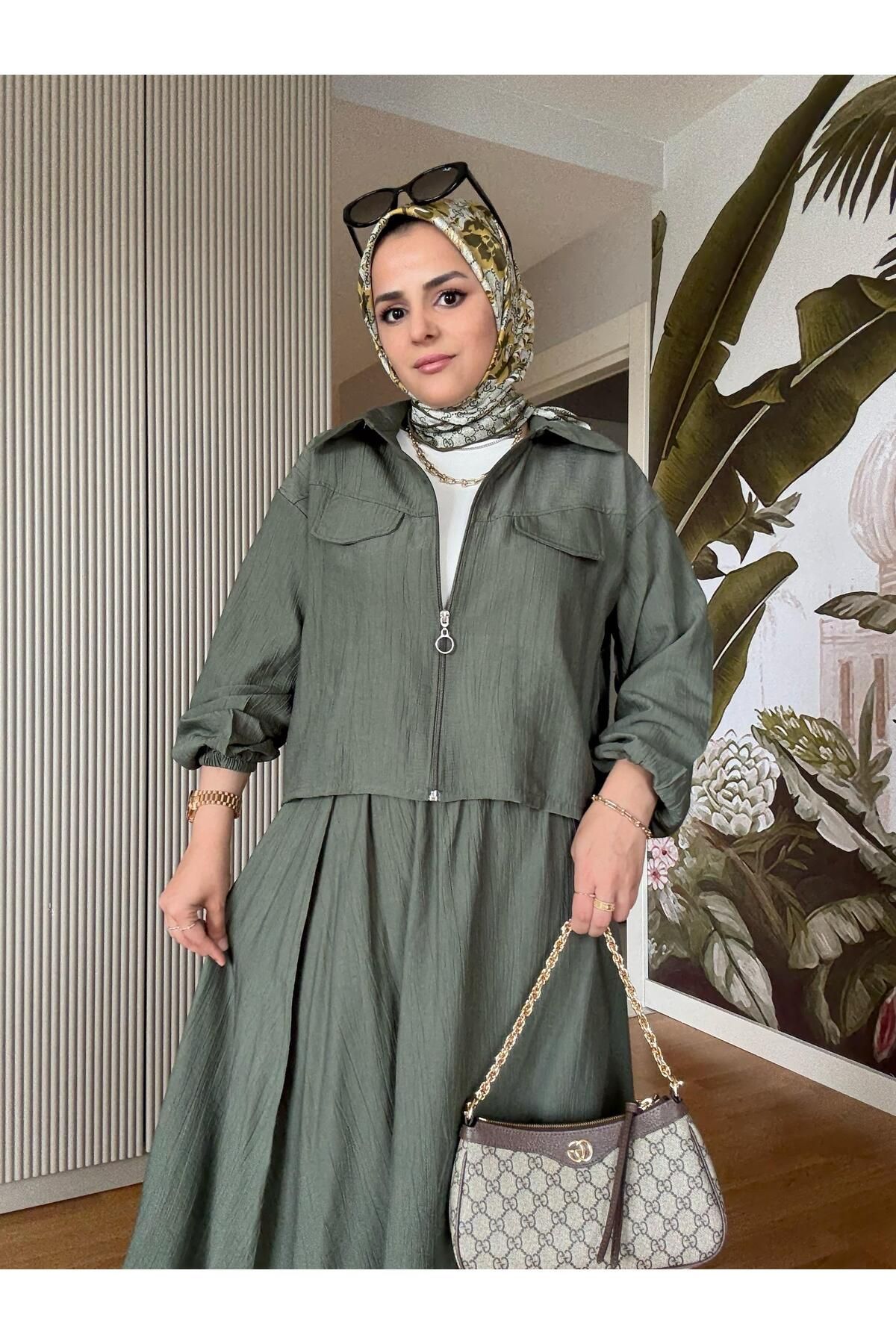 Aselim Hijap Moda Çilek Keten Fermuarlı Kadın Etekli Yazlık İkili Takım - Haki