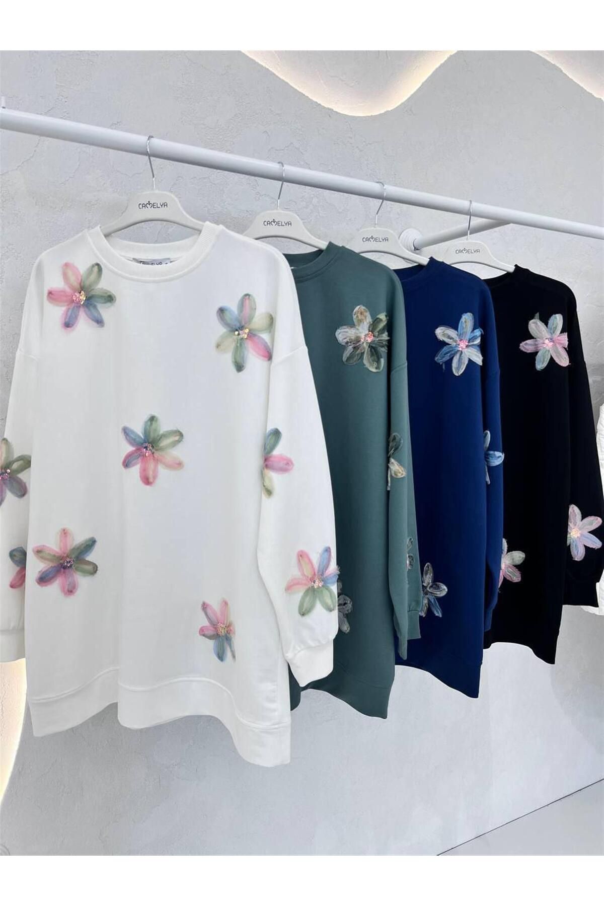 MODA 5249 Bisiklet Yaka Tül Çiçek Detaylı Sweat