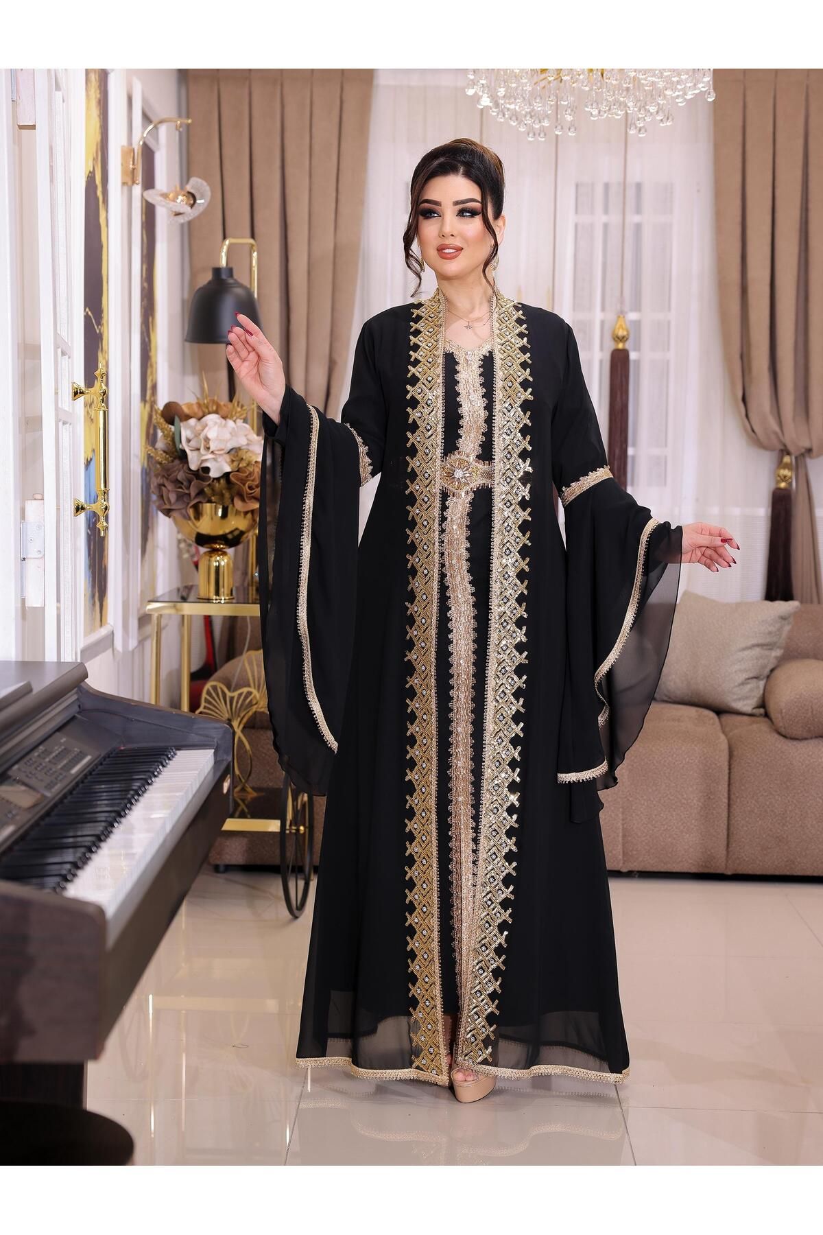 NHMODA Geniş kollu, Altın renk işlemeli,Kemer detaylı,Yöresel kaftan