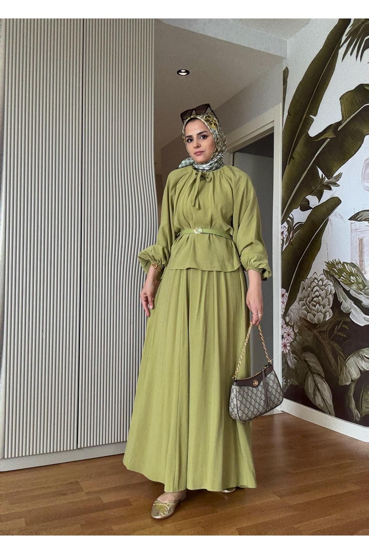 Aselim Hijap Moda Kemerli 3lü Bohem Detaylı Pamuklu Kumaş Etekli Yazlık Takım Yeşil
