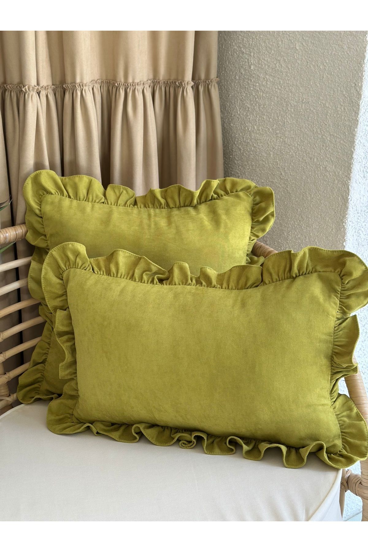 AYZEN HOME Vintage Fırfırlı Kırlent Kılıfı Yağ Yeşili Kırlent kılıfı