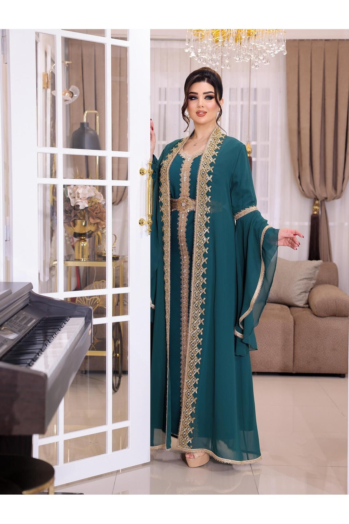 NHMODA Geniş kollu, Altın renk işlemeli,Kemer detaylı,Yöresel kaftan