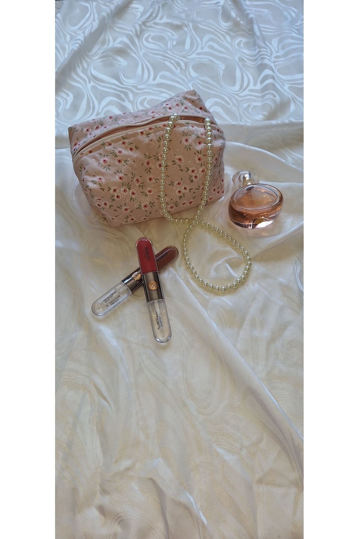 MANSCOLLECTION Mini Pembe Çiçek Desenli Makyaj Çantası