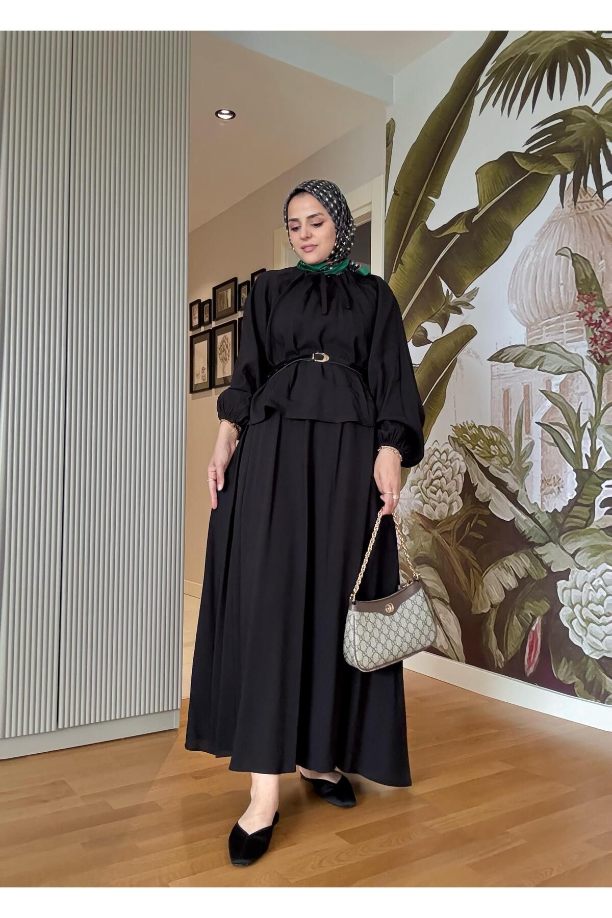Aselim Hijap Moda Kemerli 3lü Bohem Detaylı Pamuklu Kumaş Etekli Yazlık Takım Siyah