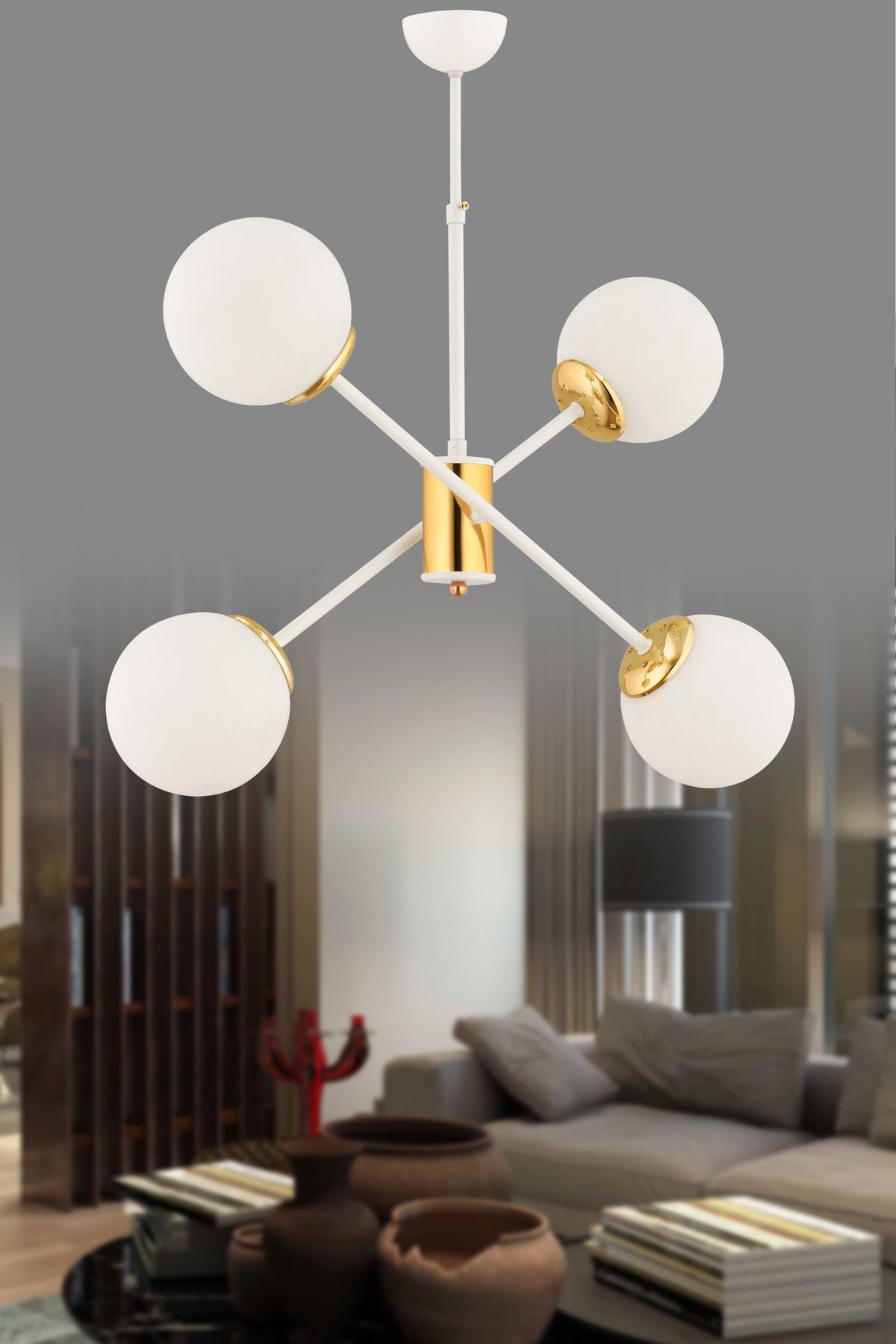 avimonaydınlatma TWİSTER 4'LÜ BEYAZ - ALTIN RENTE BEYAZ GLOB CAMLI MODERN SARKIT AVİZE OTURMA ODASI SALON ANTRE