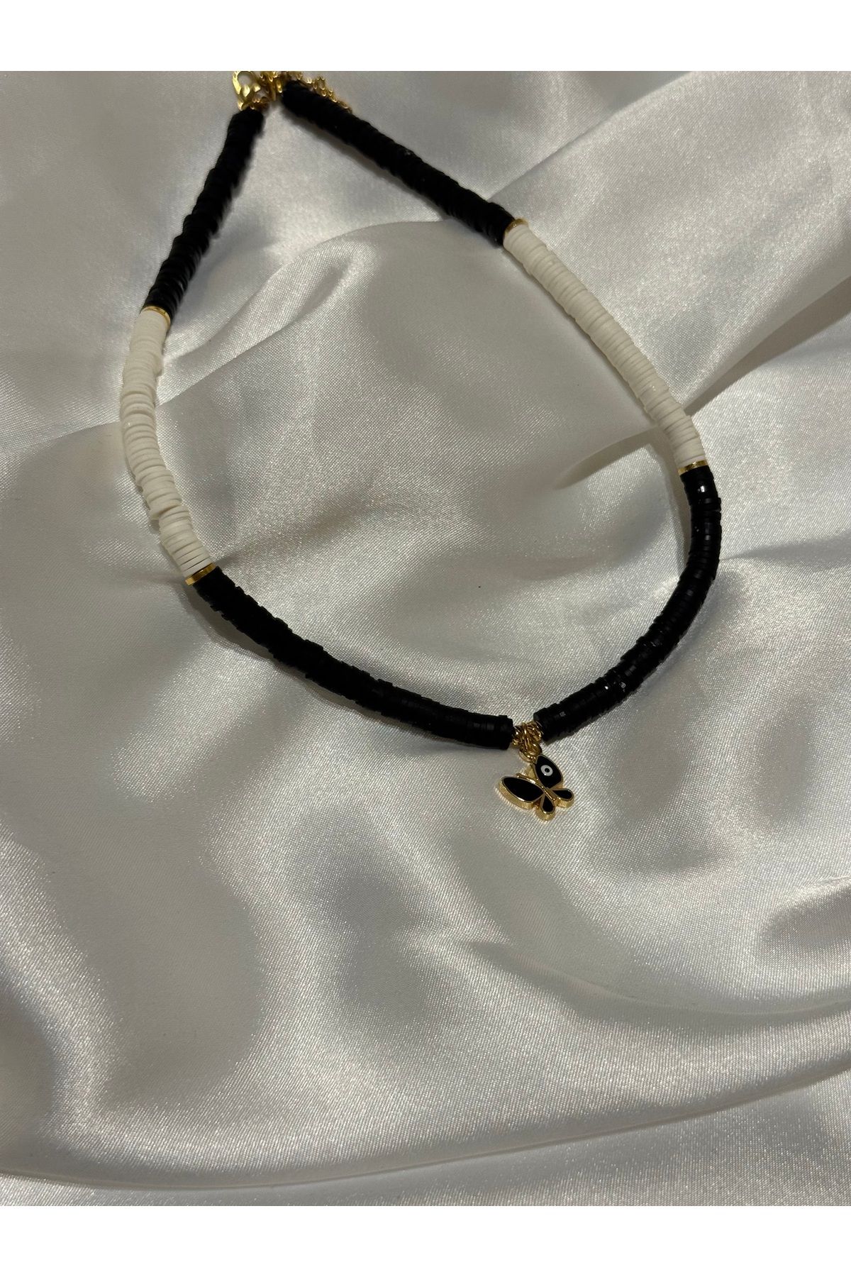 November Accessories Mineli Kelebek Uçlu ve Gold Detaylı Fimo Boncuk Kolye