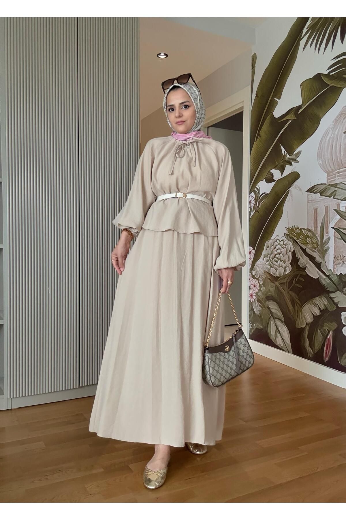 Aselim Hijap Moda Kemerli 3lü Bohem Detaylı Pamuklu Kumaş Etekli Yazlık Takım Bej