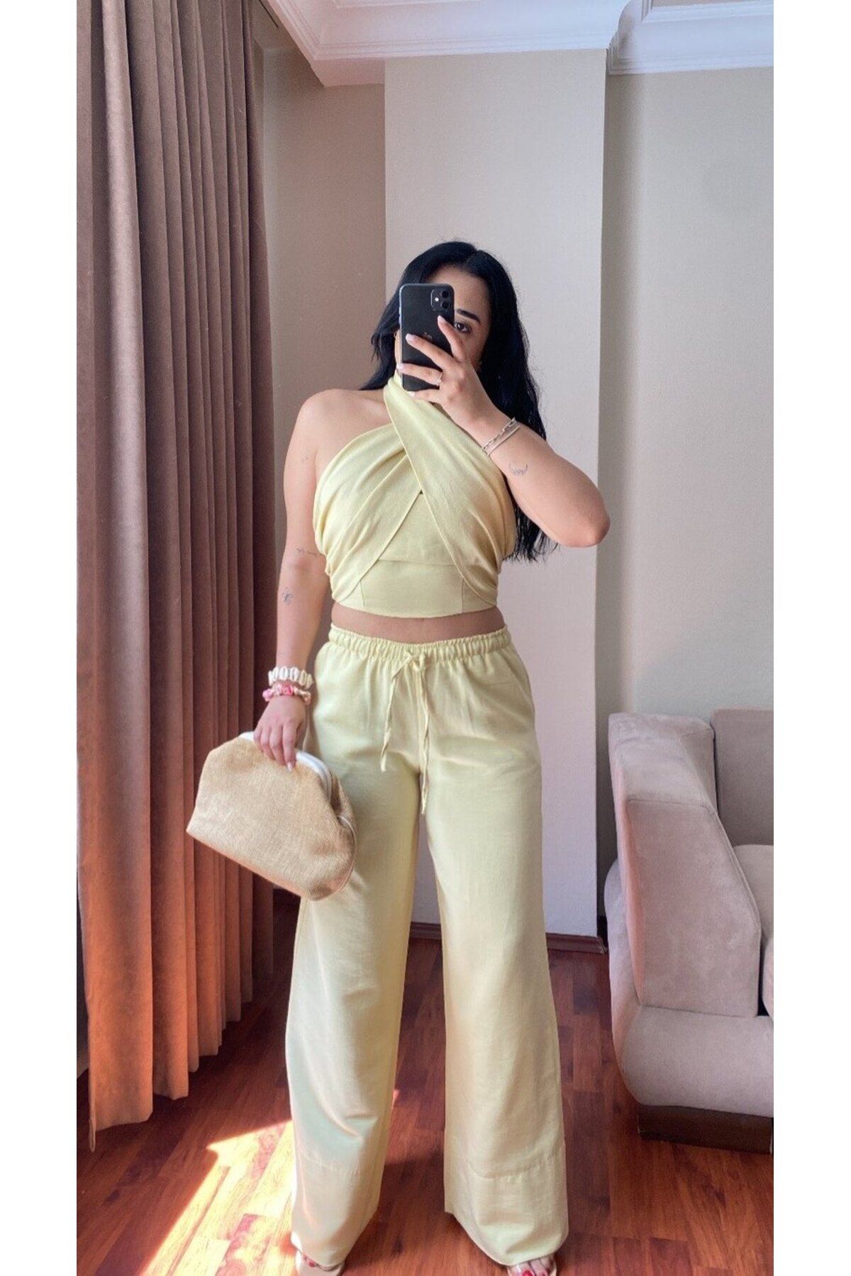 MODA Kruvaze Boyundan Bağlamalı Keten Bluz Sarı Takım