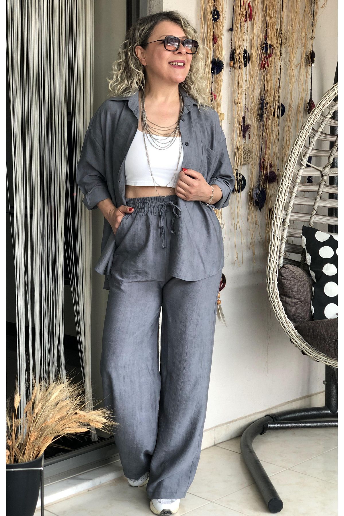 Dila Butik Dokuma Kumaş Cepli Pantolon Takım