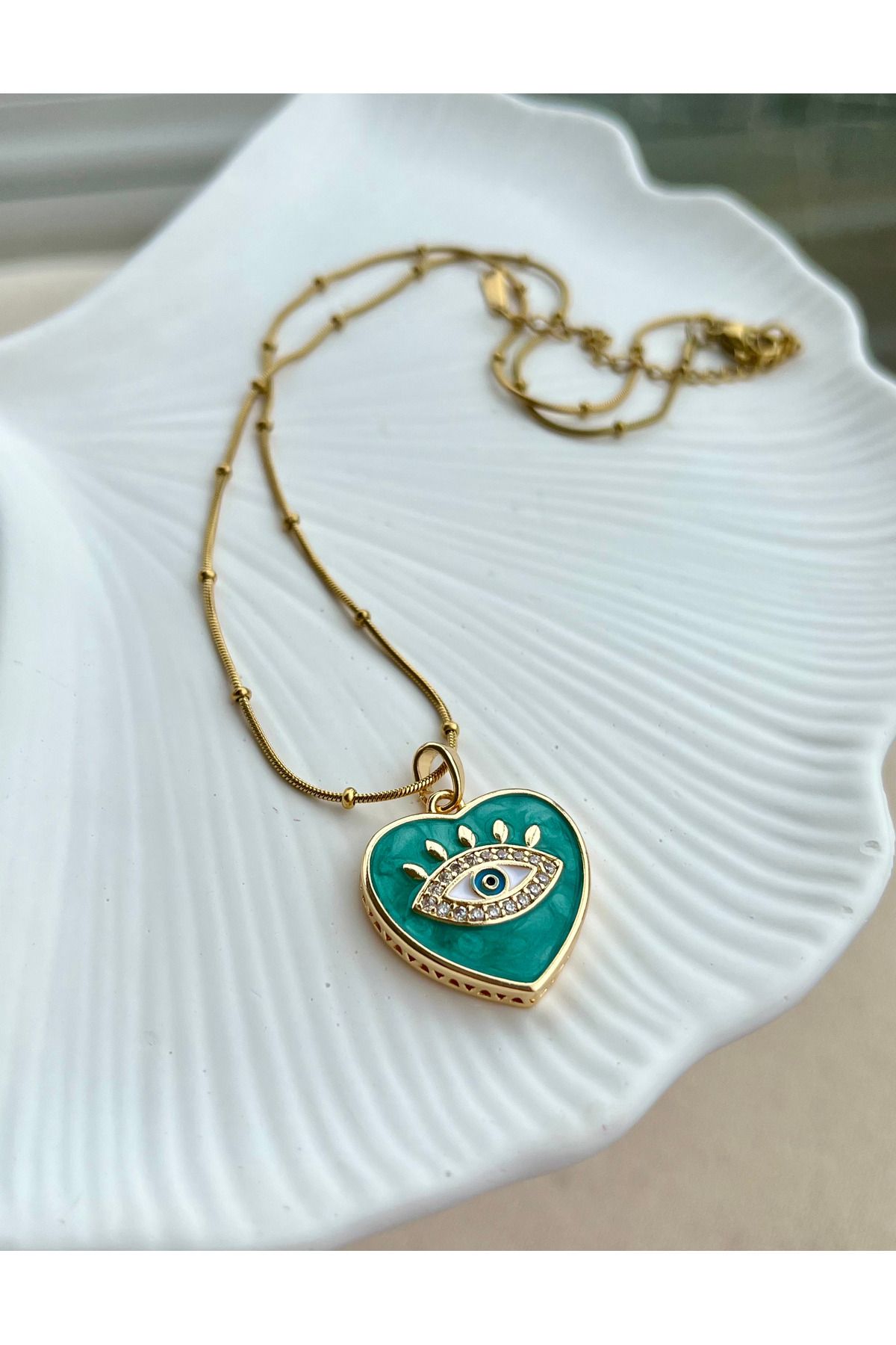 Chanceux Accessories Yeşil Kalpli Göz Detaylı Çelik Kolye