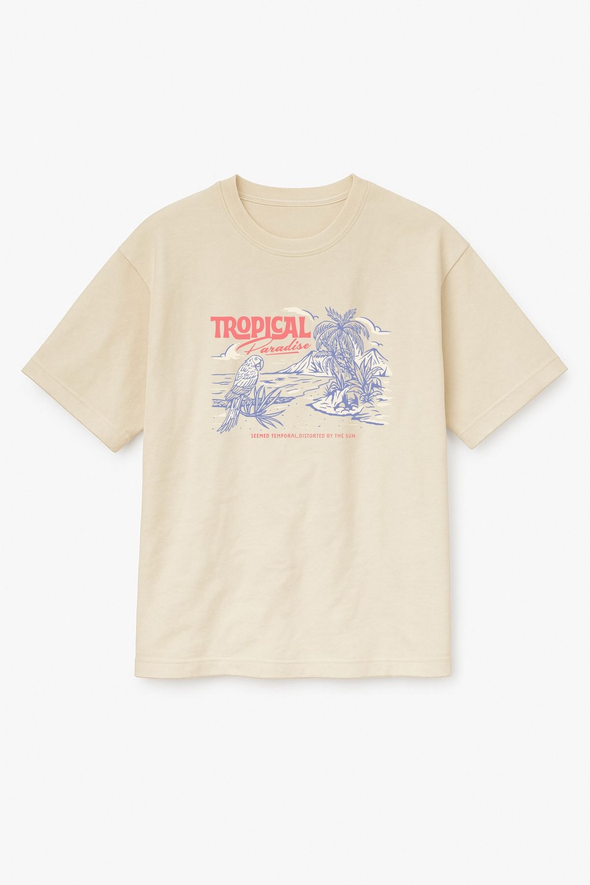 Altair Tr Bej Renk Oversize Tropical Paradise Papağan Sahil Baskılı Unisex Tişört T-Shirt